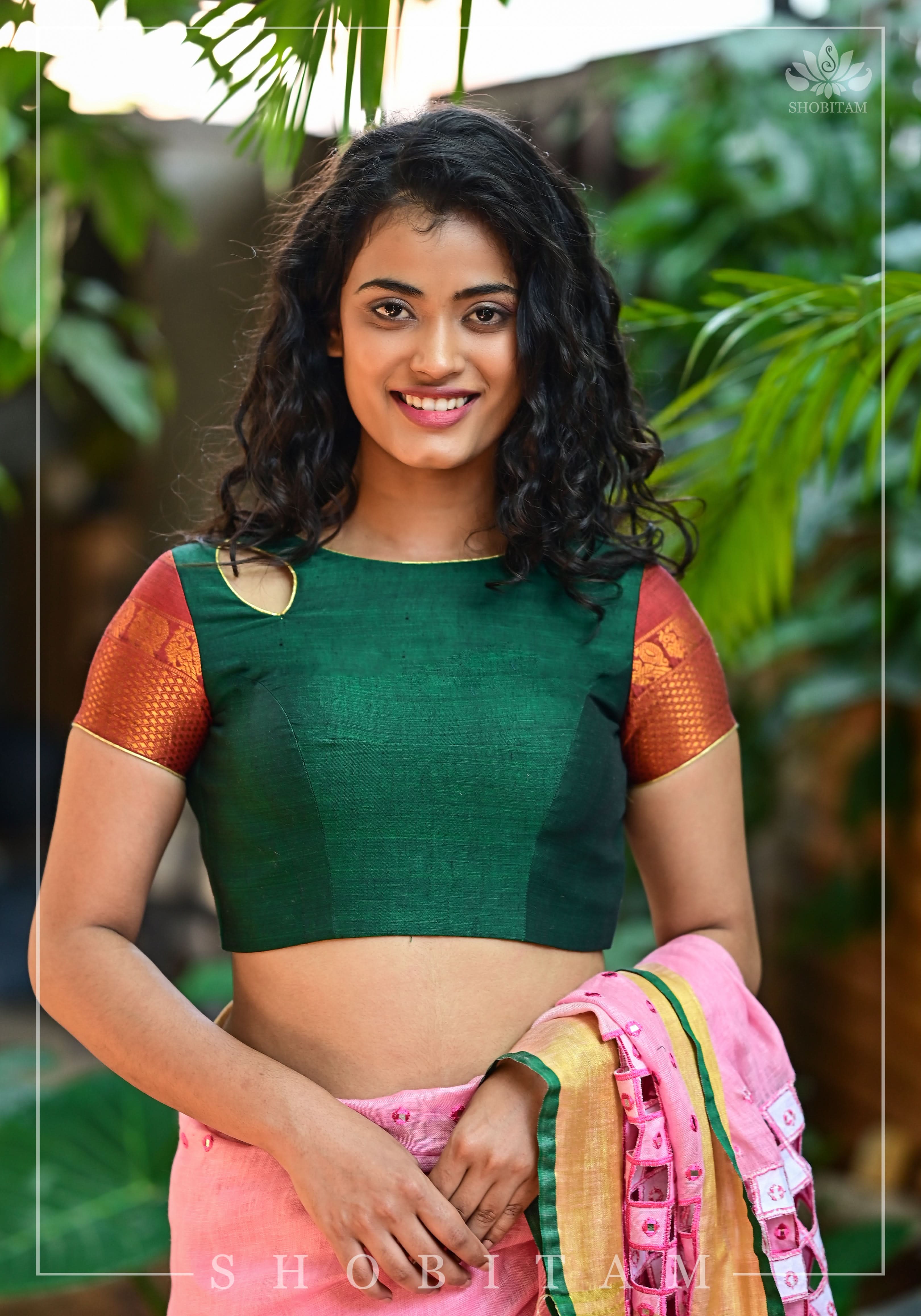 Forest green narayanpet cotton close neck cutout blouse with tie back | Shobitam