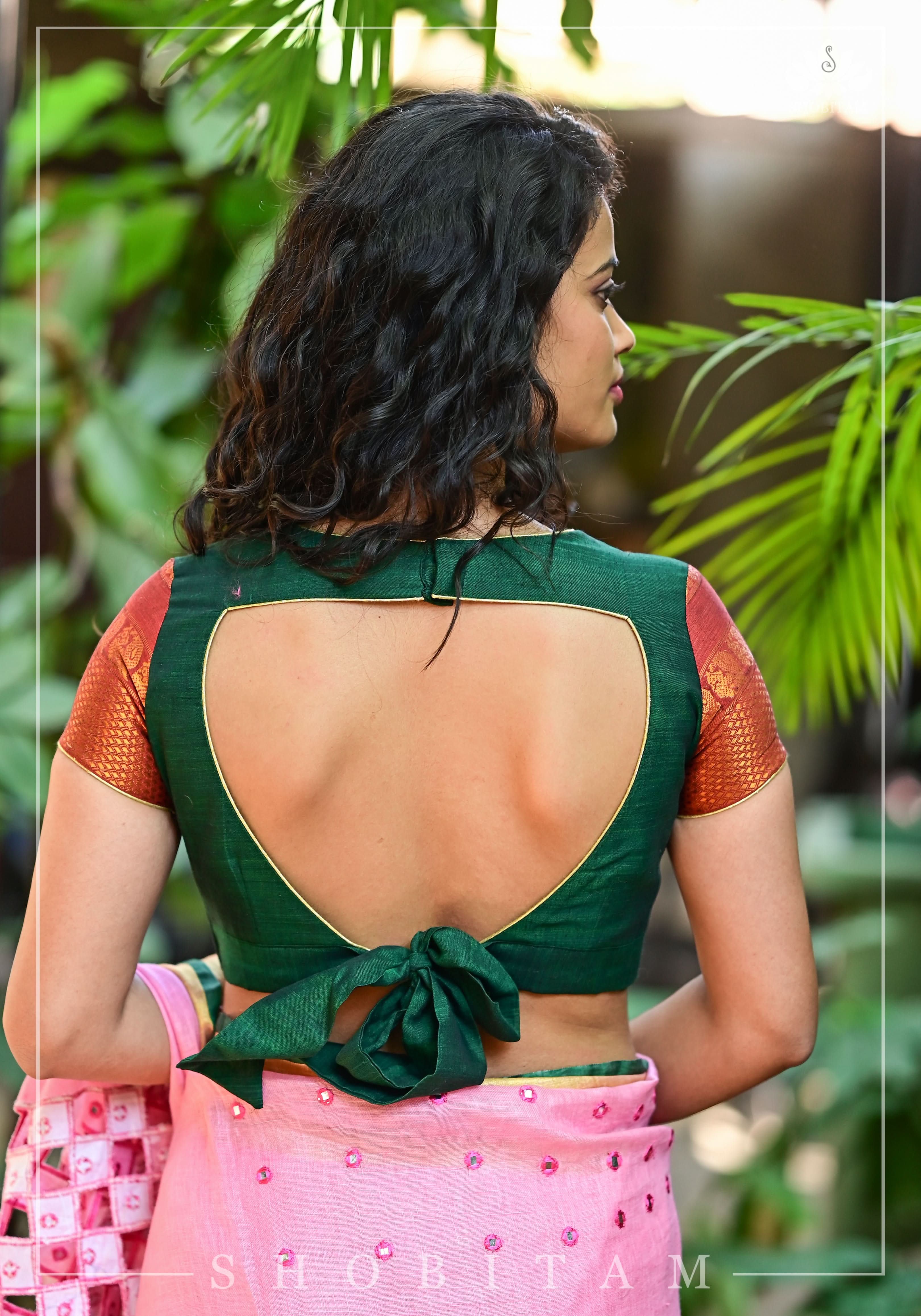 Forest green narayanpet cotton close neck cutout blouse with tie back | Shobitam