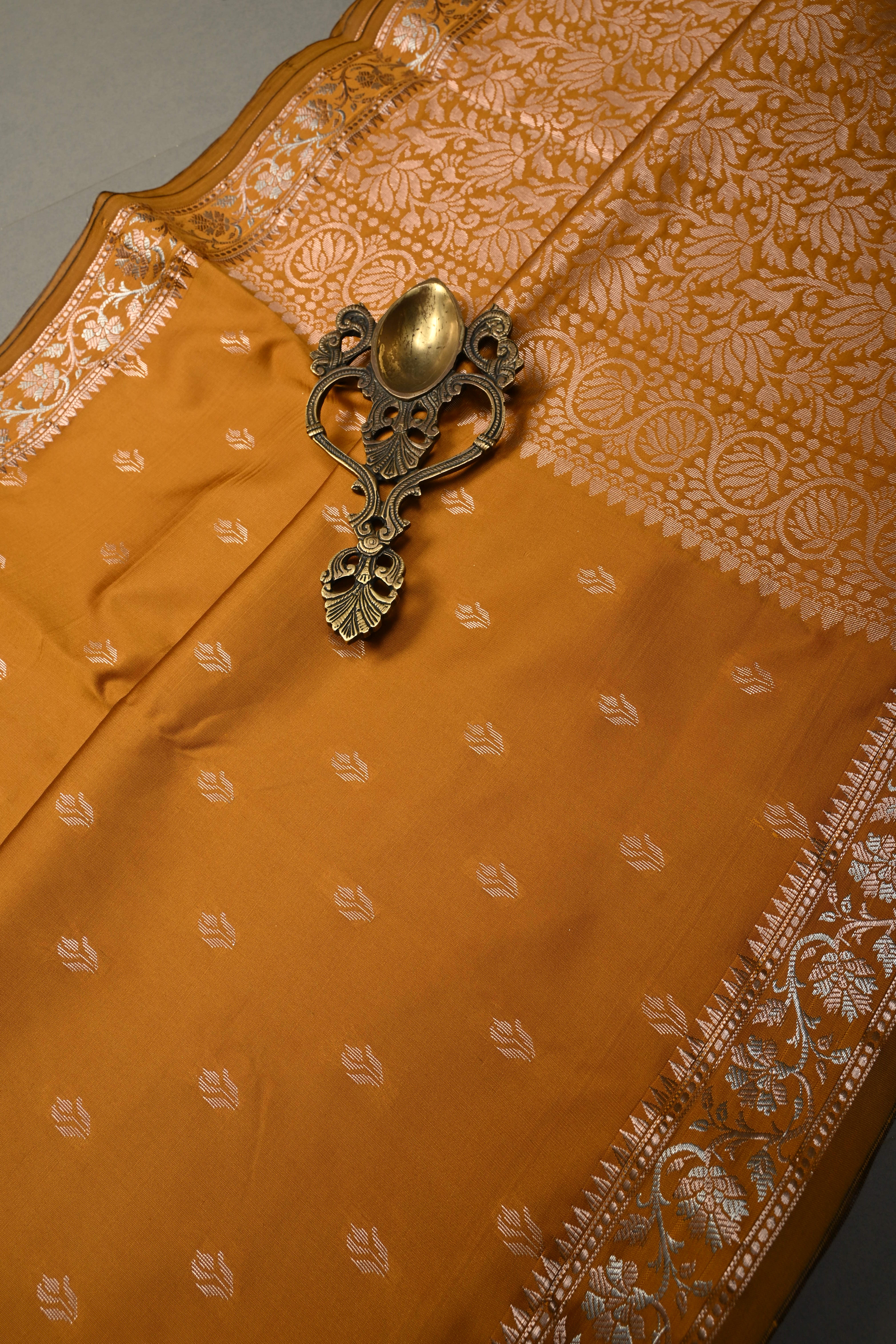 Methi Yellow Semi Silk Saree with Zari Buttas and Alfi Zari Border | Shobitam