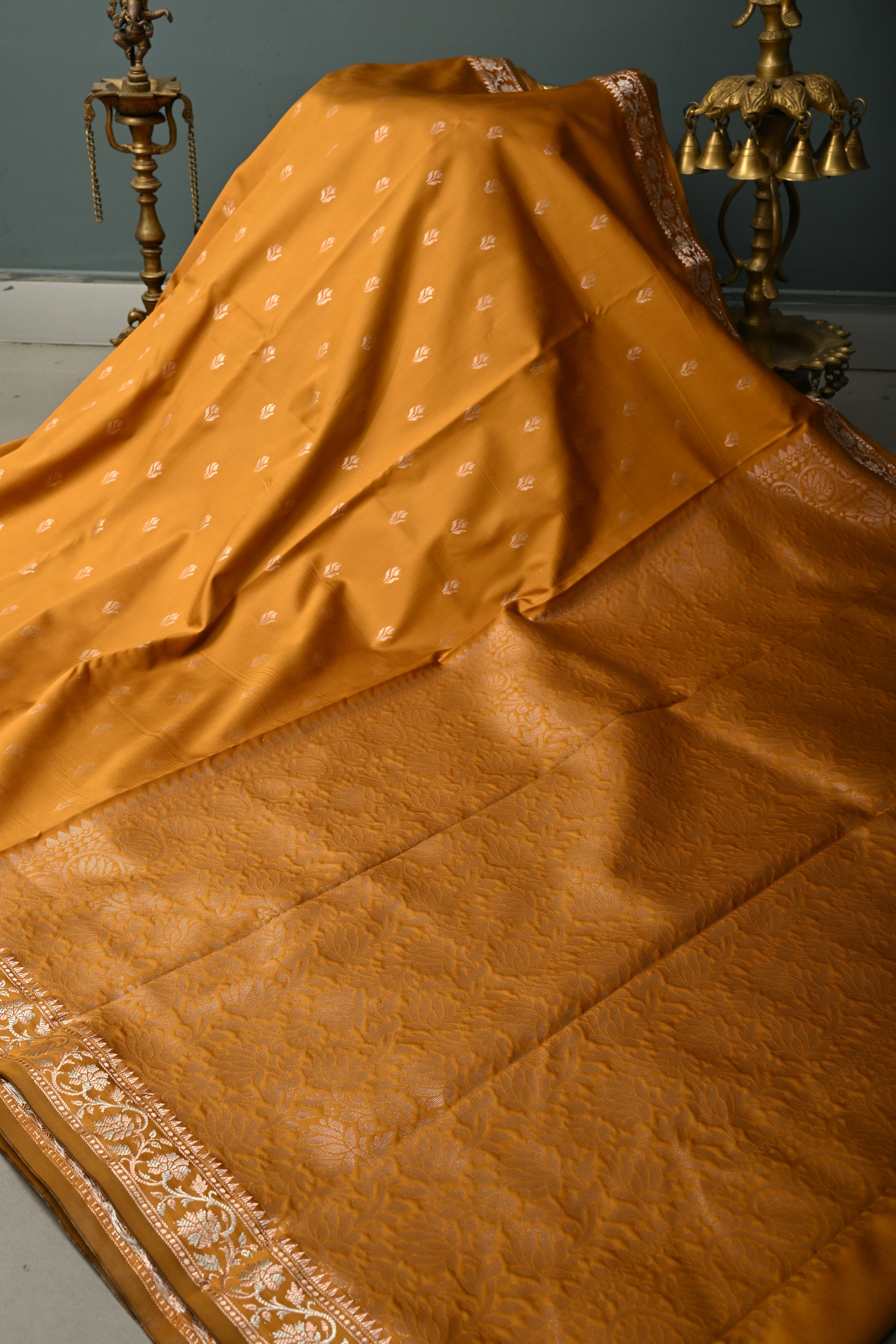 Methi Yellow Semi Silk Saree with Zari Buttas and Alfi Zari Border | Shobitam