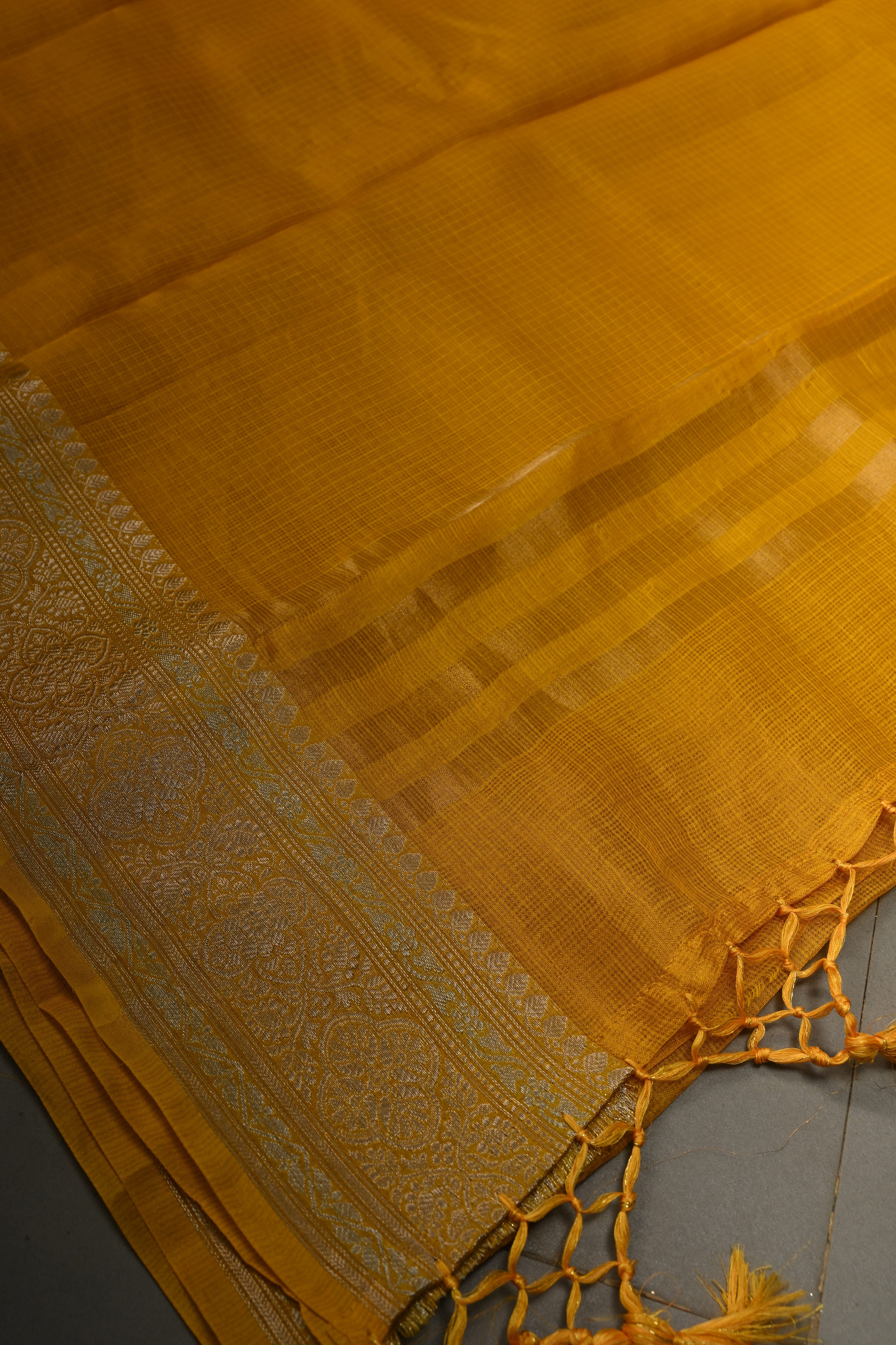 Mustard Yellow Kota Doria Tissue Cotton Saree with Sona Rupa Zari Border | Shobitam