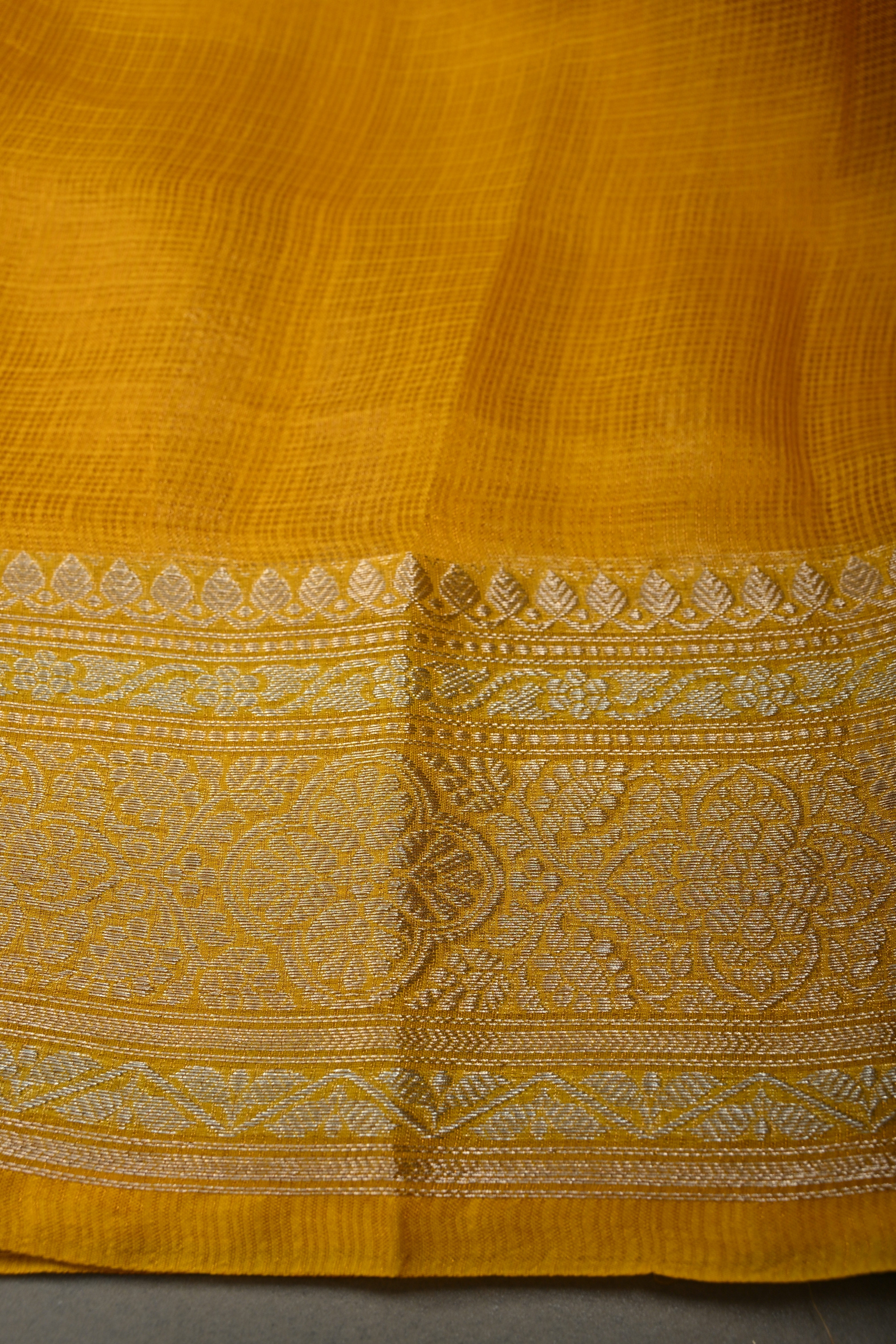Mustard Yellow Kota Doria Tissue Cotton Saree with Sona Rupa Zari Border | Shobitam