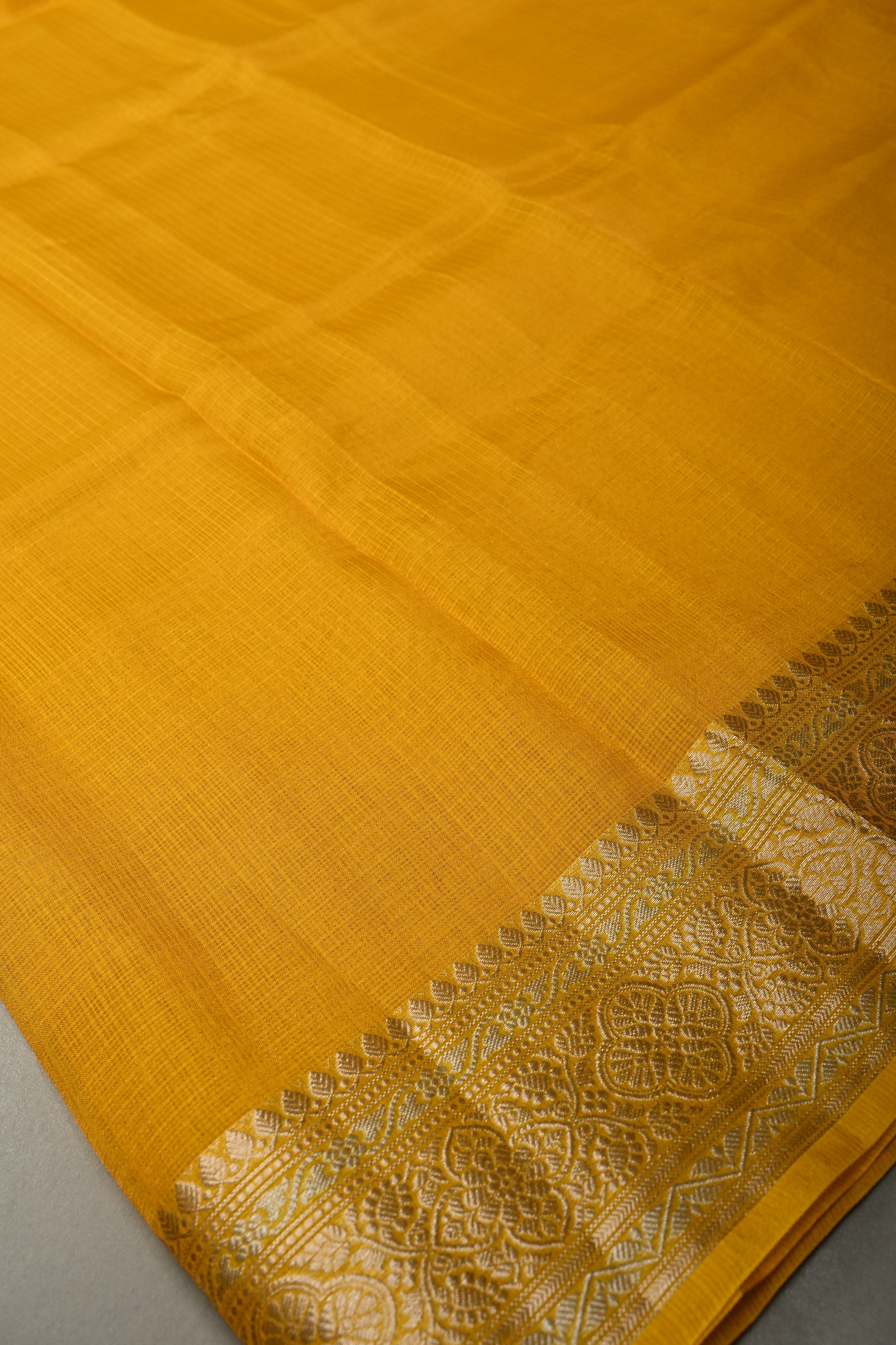 Mustard Yellow Kota Doria Tissue Cotton Saree with Sona Rupa Zari Border | Shobitam