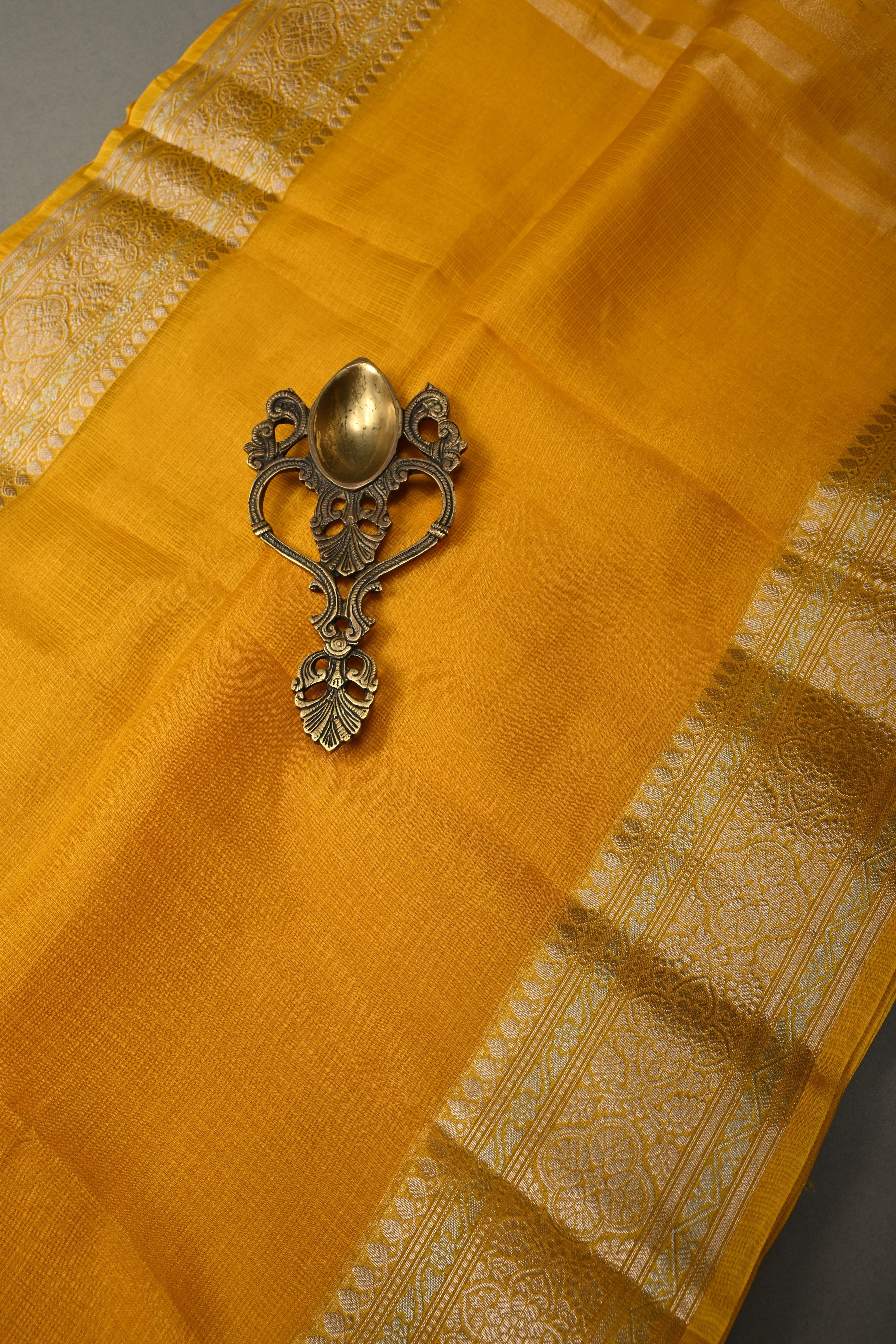 Mustard Yellow Kota Doria Tissue Cotton Saree with Sona Rupa Zari Border | Shobitam