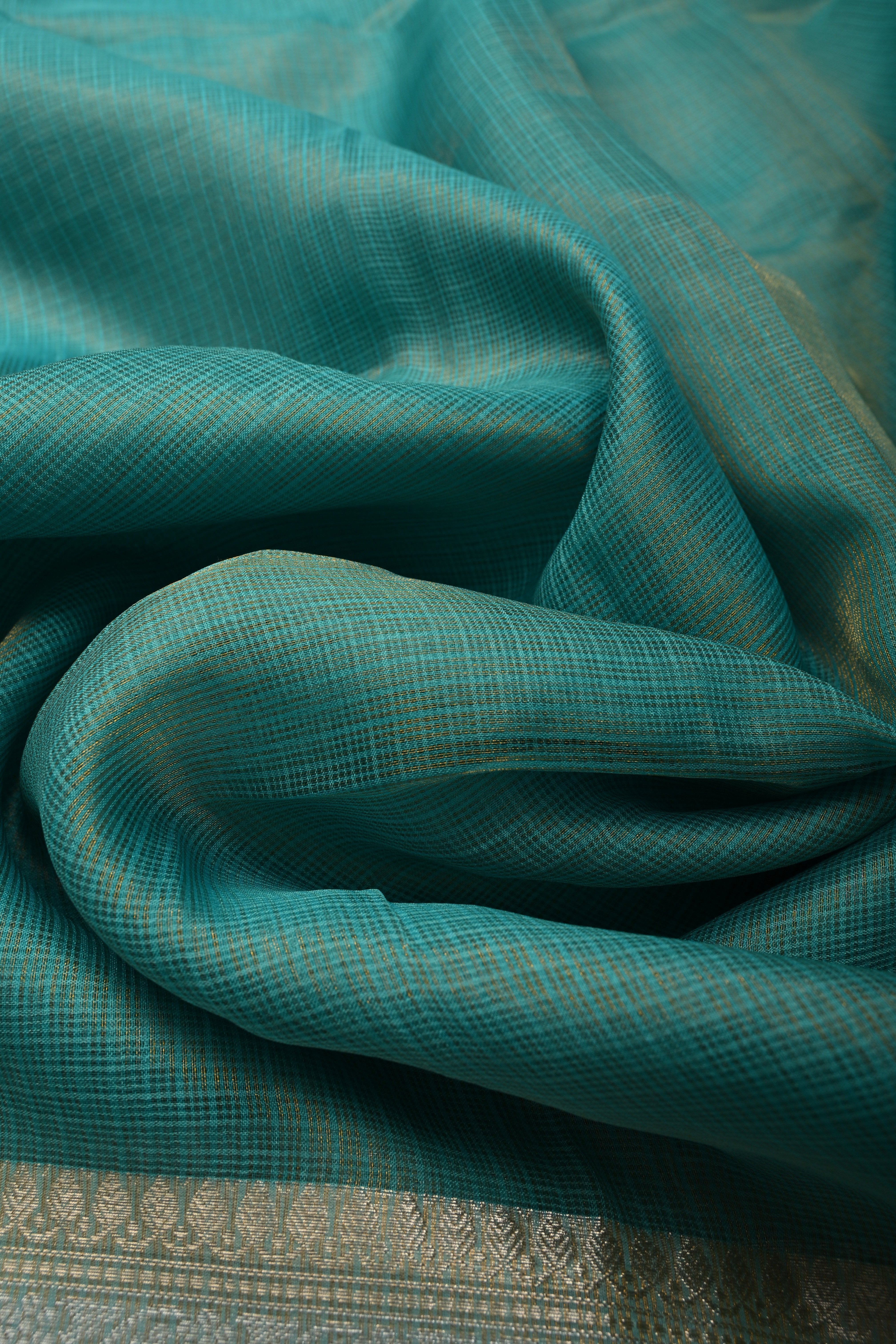 Cyan Kota Doria Tissue Cotton Saree with Sona Rupa Zari Border | Shobitam