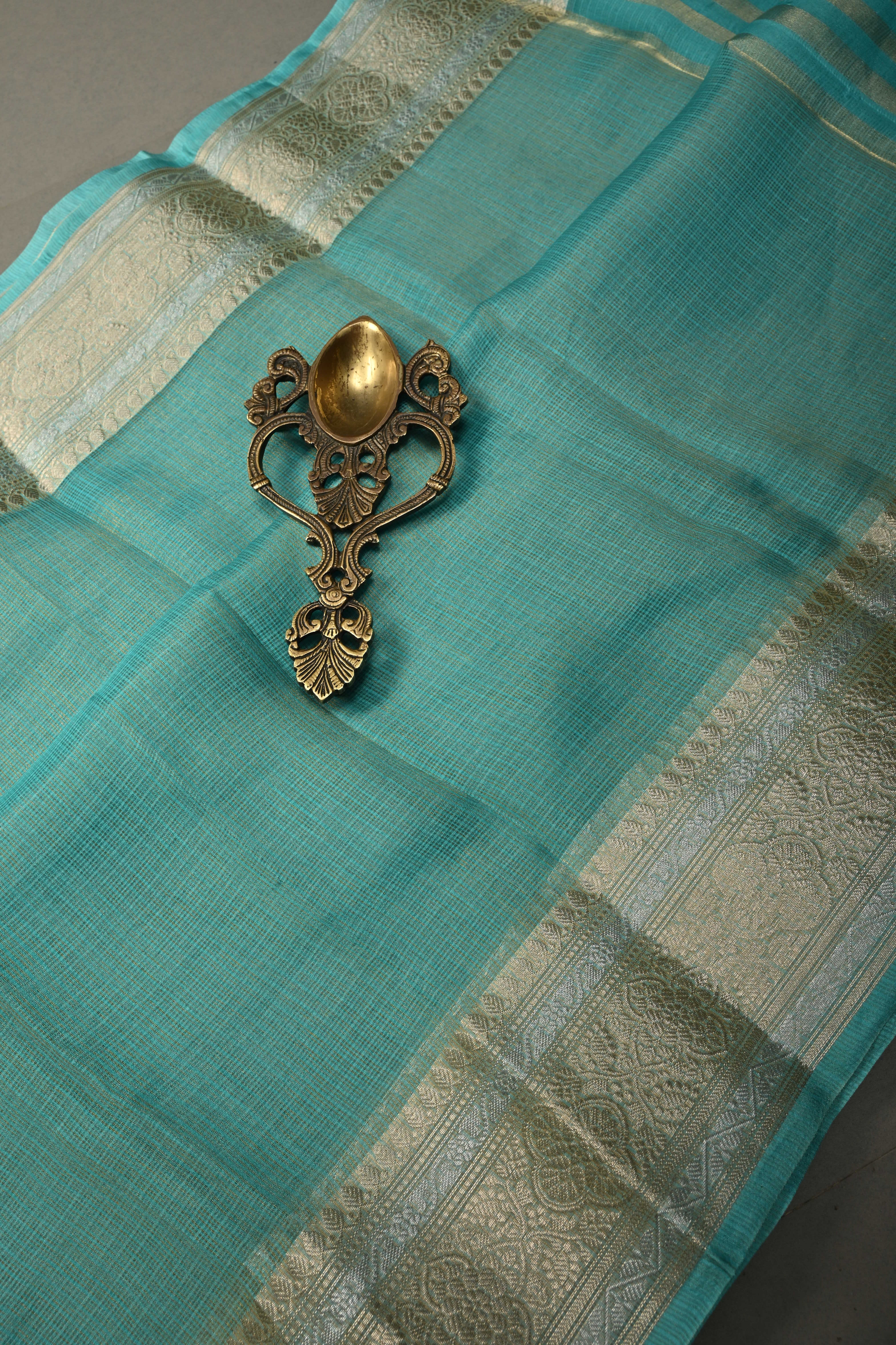 Cyan Kota Doria Tissue Cotton Saree with Sona Rupa Zari Border | Shobitam