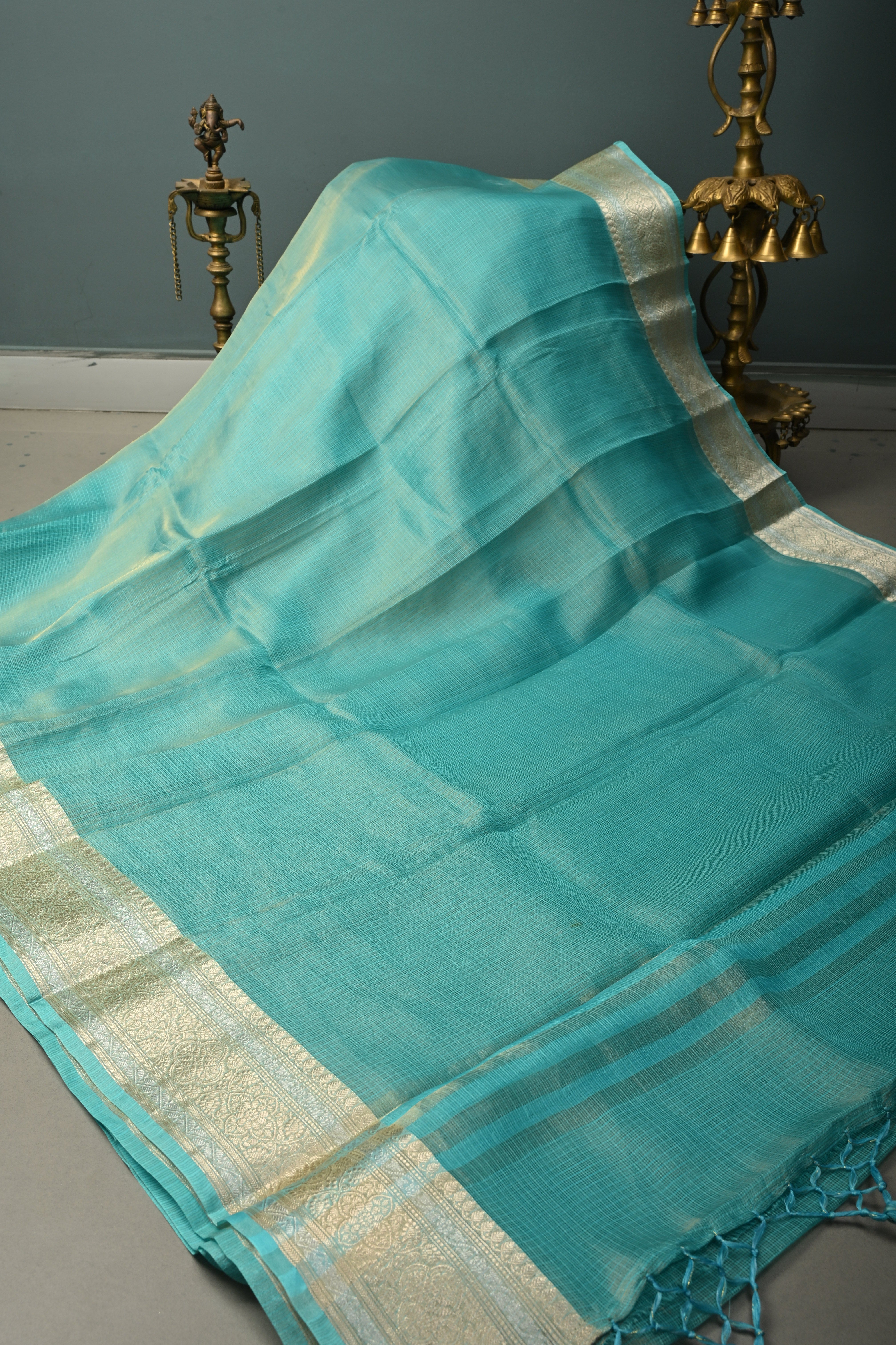 Cyan Kota Doria Tissue Cotton Saree with Sona Rupa Zari Border | Shobitam
