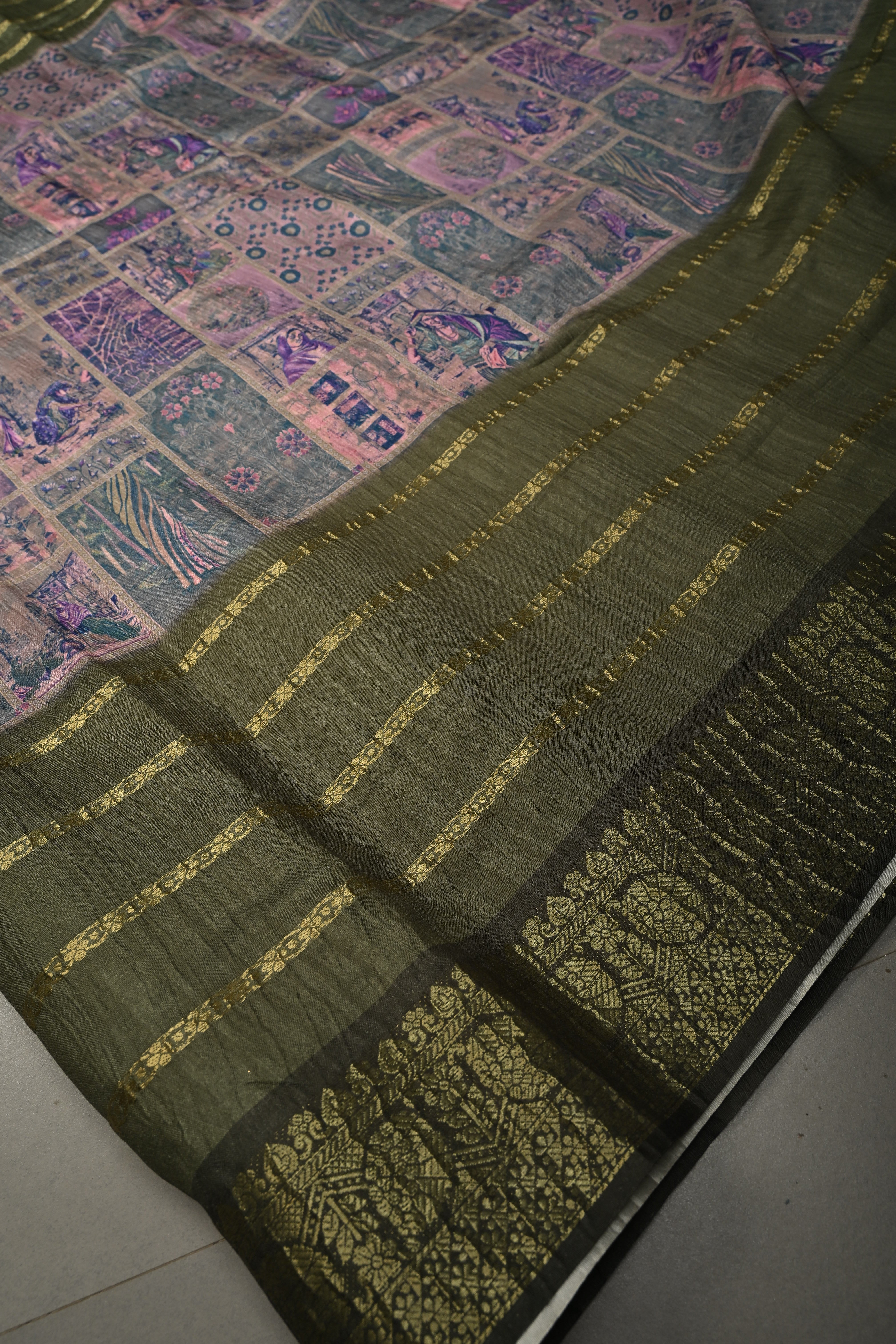 Multicolor Semi Silk Saree with Digital Print and Contrast Stripes Borders | Shobitam