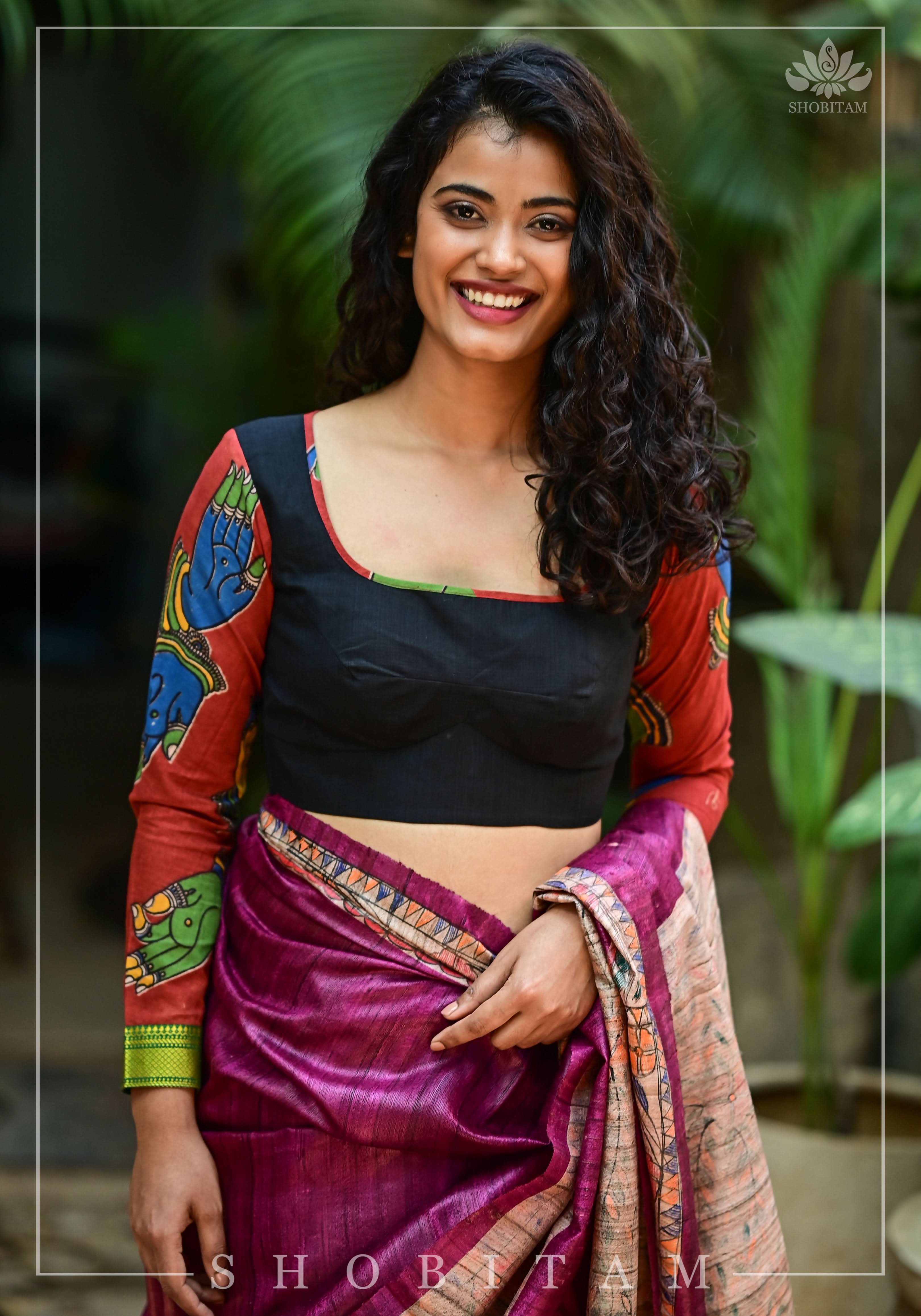 Kalamkari block print and mangalagiri cotton square back cutout, full sleeves blouse | Shobitam