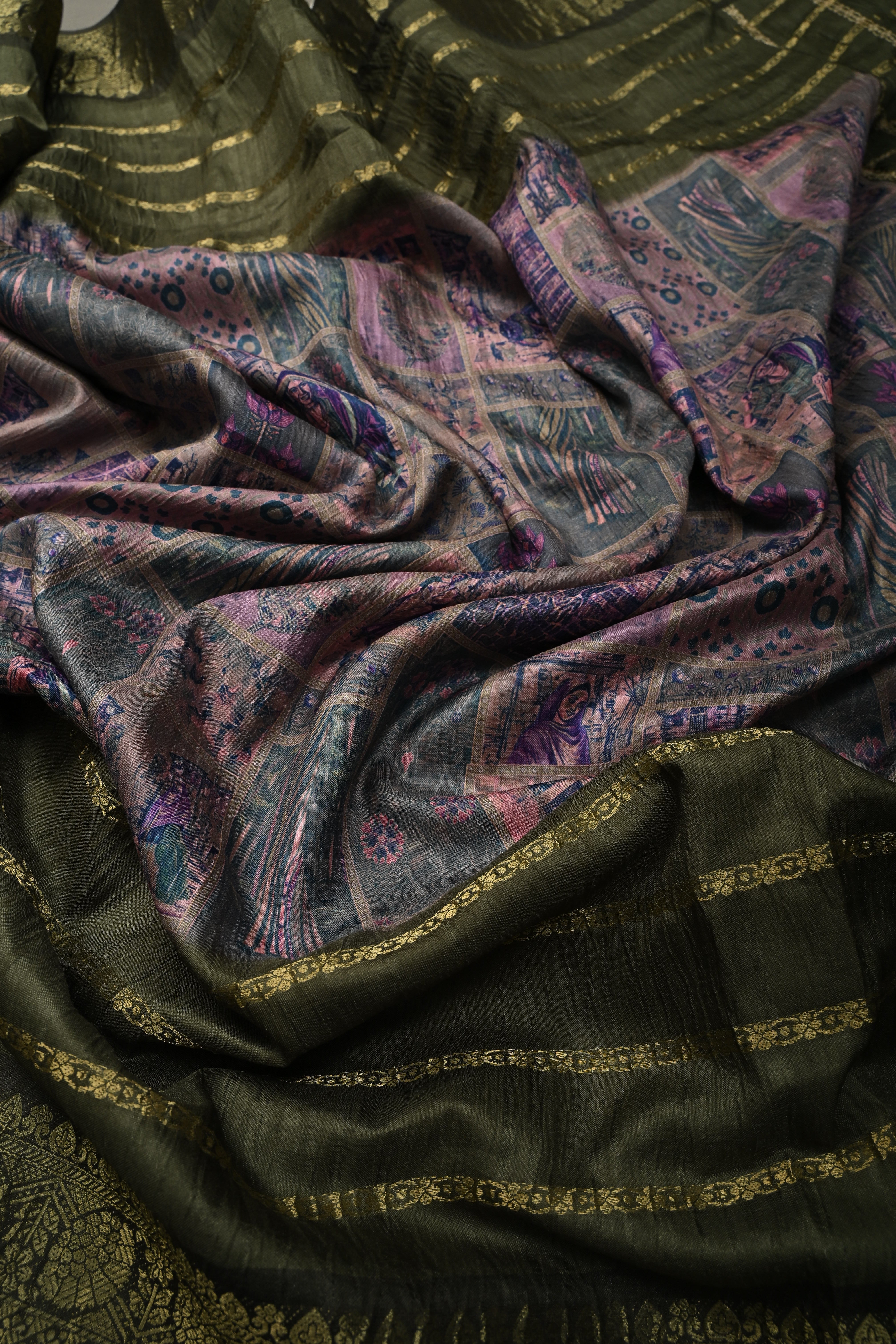Multicolor Semi Silk Saree with Digital Print and Contrast Stripes Borders | Shobitam