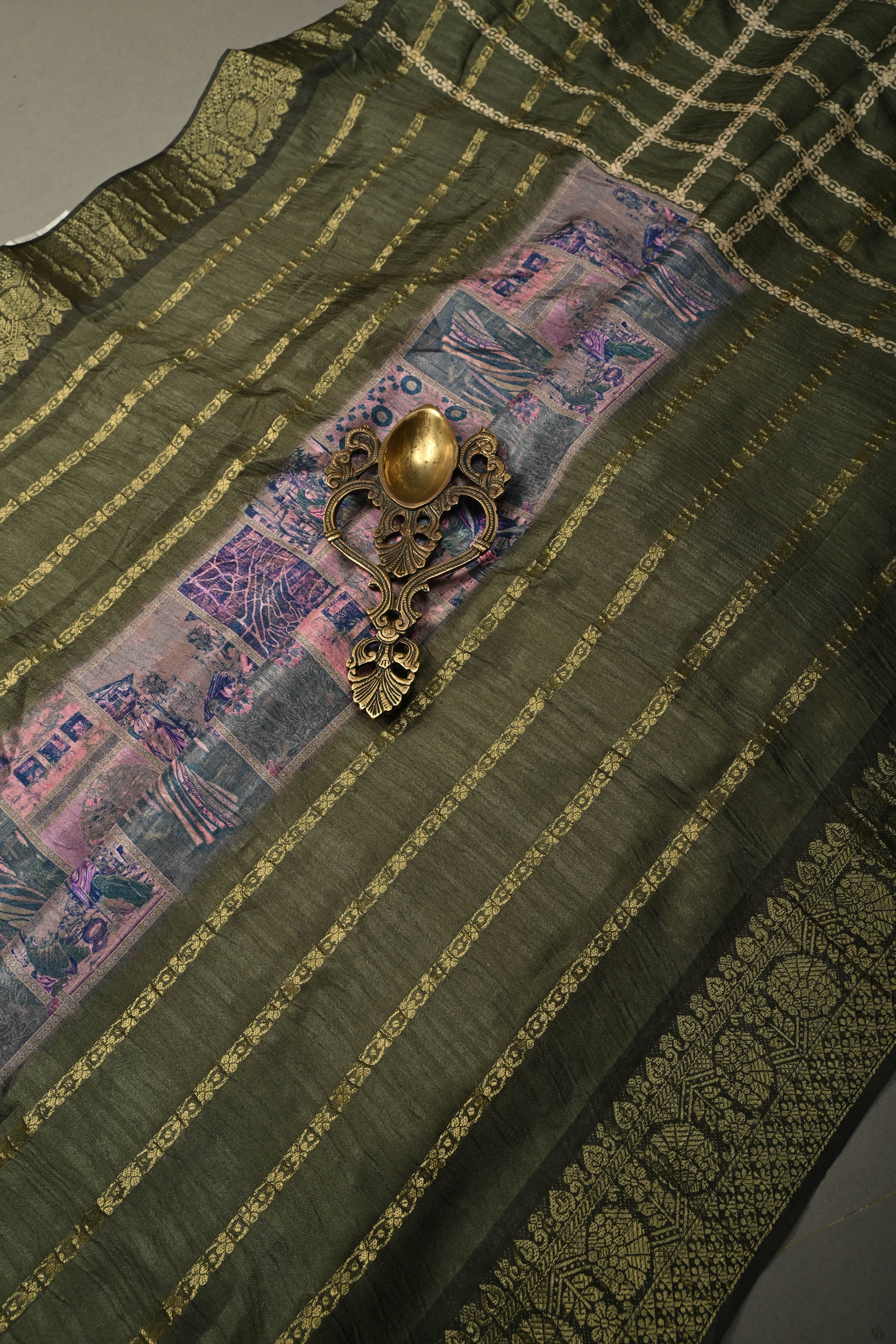 Multicolor Semi Silk Saree with Digital Print and Contrast Stripes Borders | Shobitam