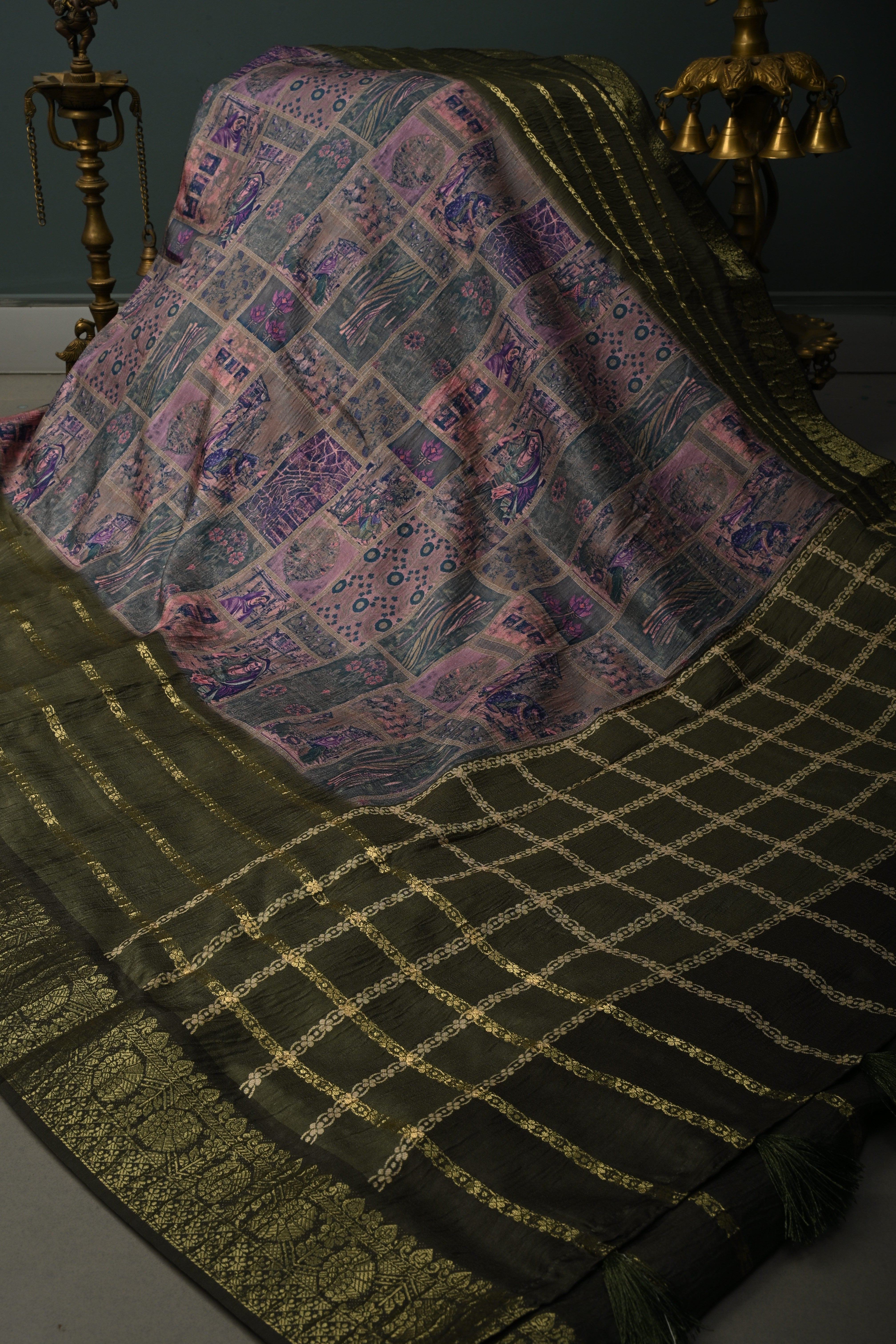 Multicolor Semi Silk Saree with Digital Print and Contrast Stripes Borders | Shobitam