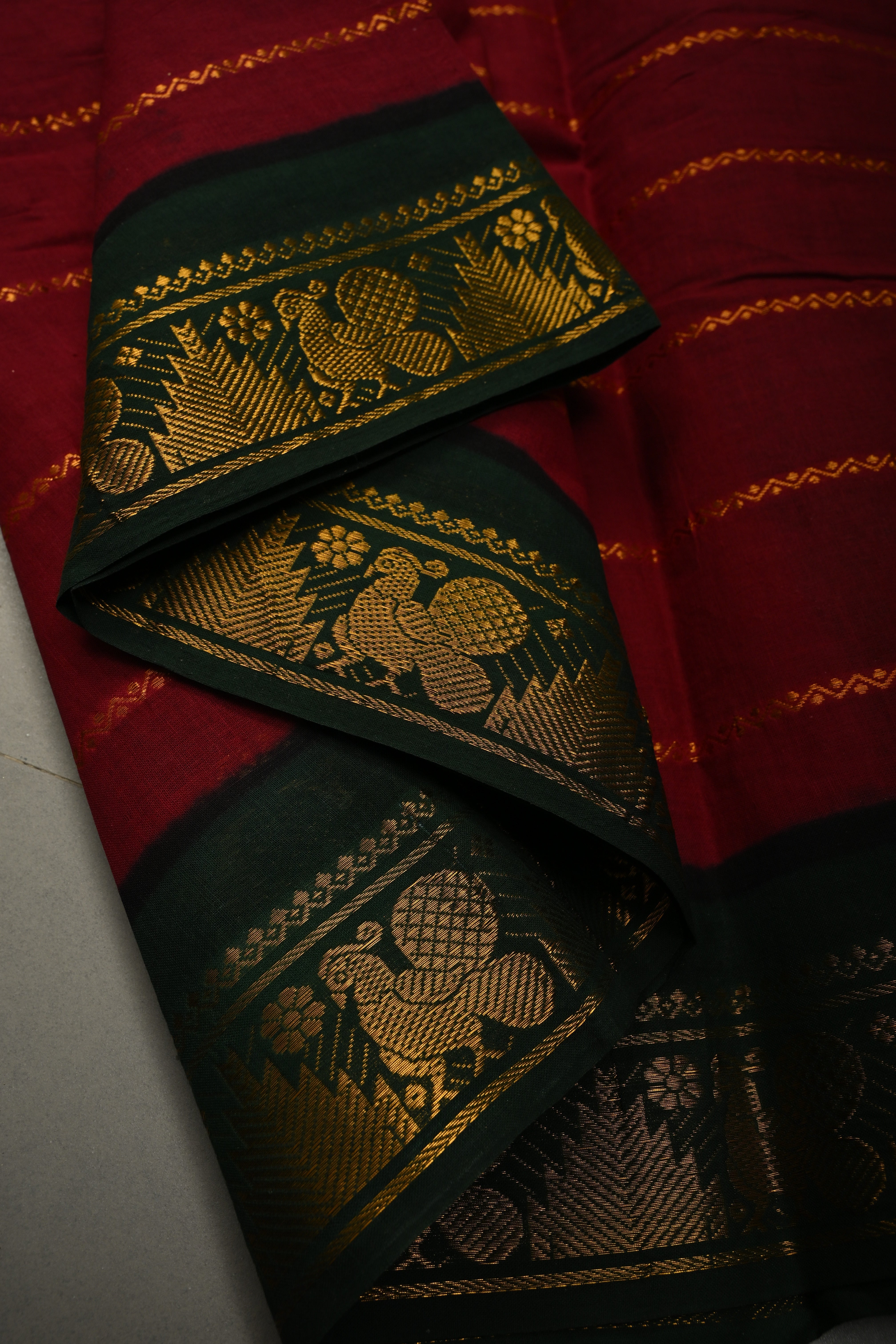 Maroon Veldhari Zari Stripes Saree on Madurai Cotton With Contrast Zari Border | Shobitam