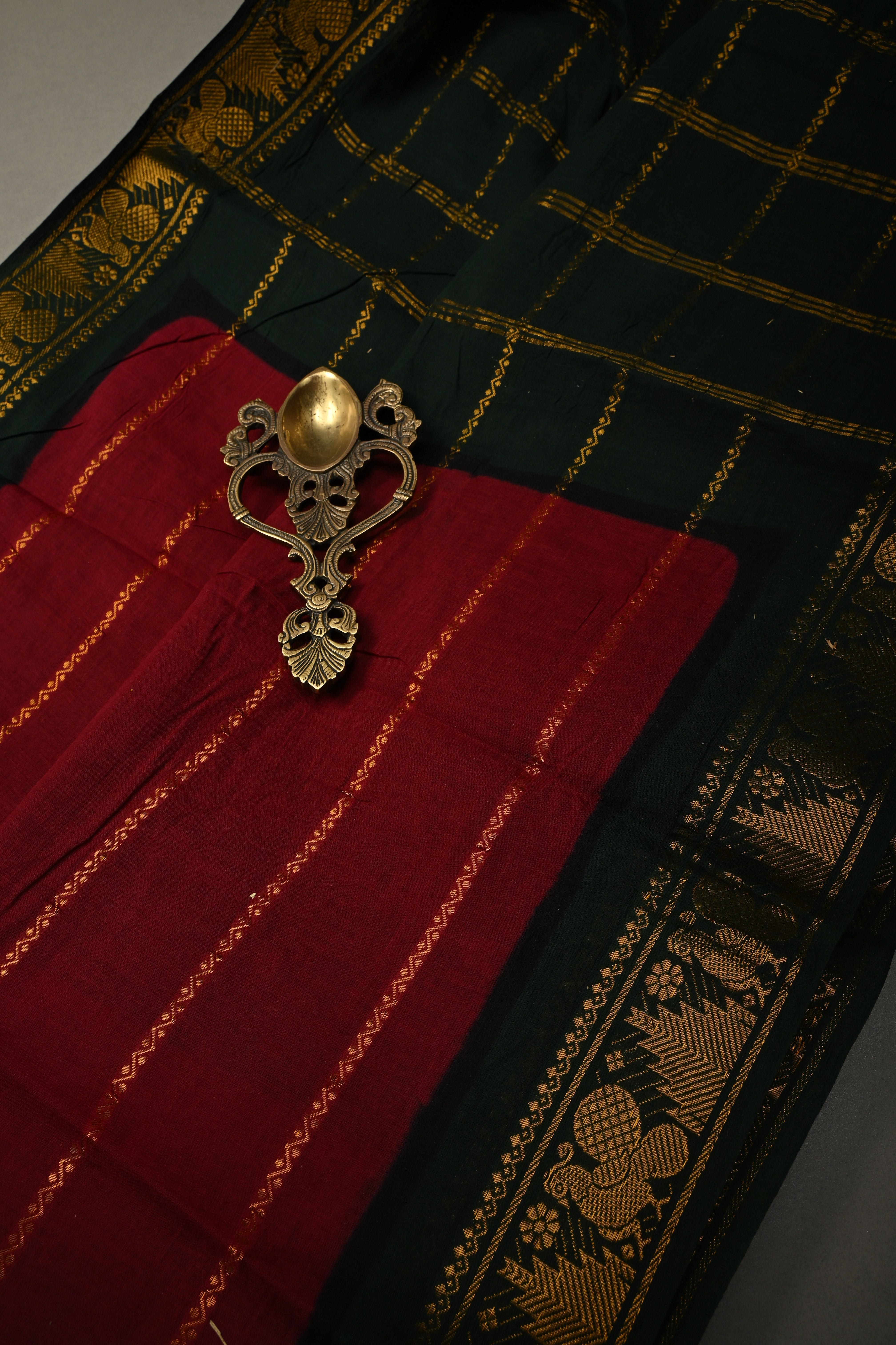 Maroon Veldhari Zari Stripes Saree on Madurai Cotton With Contrast Zari Border | Shobitam