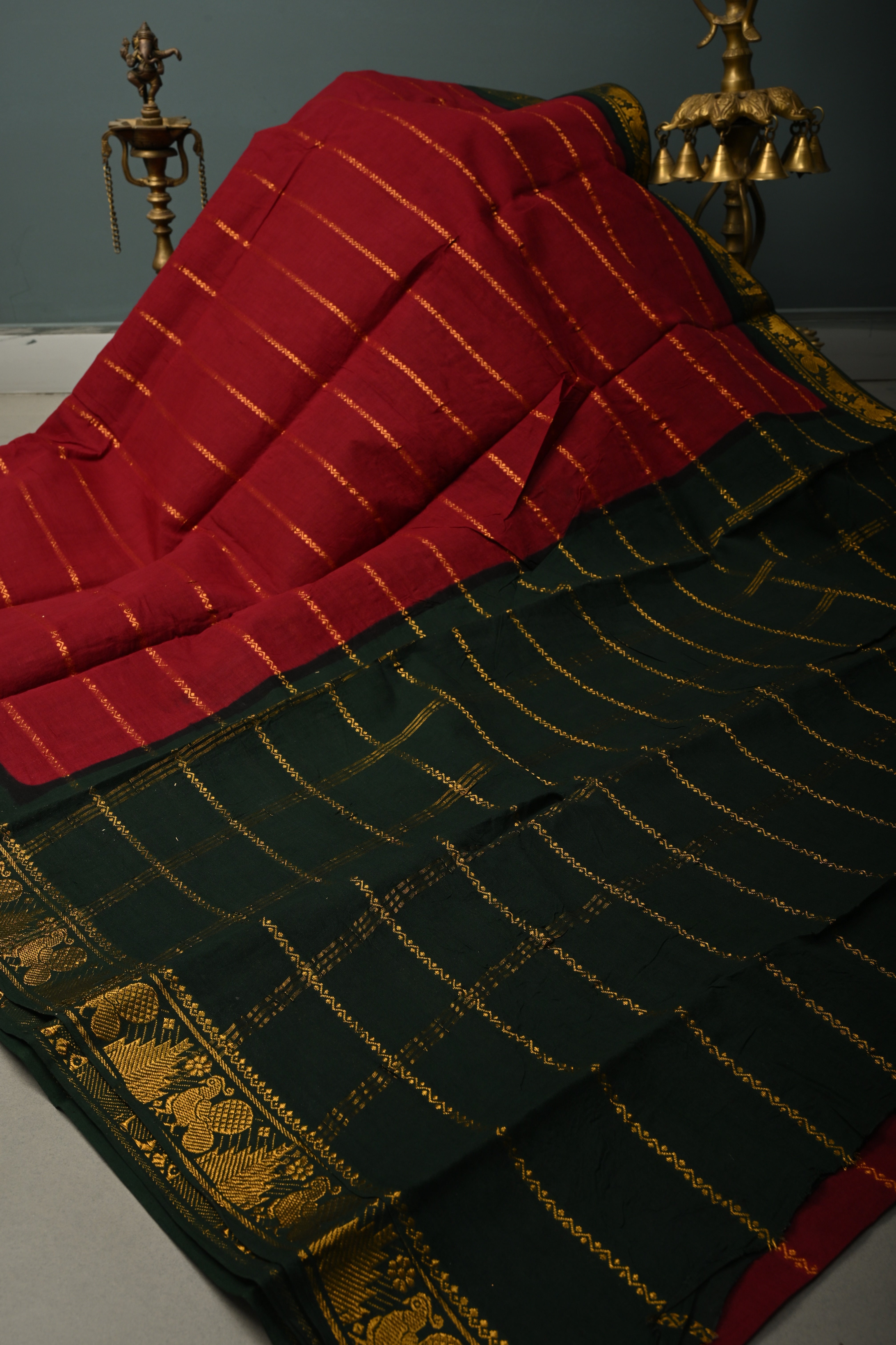 Maroon Veldhari Zari Stripes Saree on Madurai Cotton With Contrast Zari Border | Shobitam