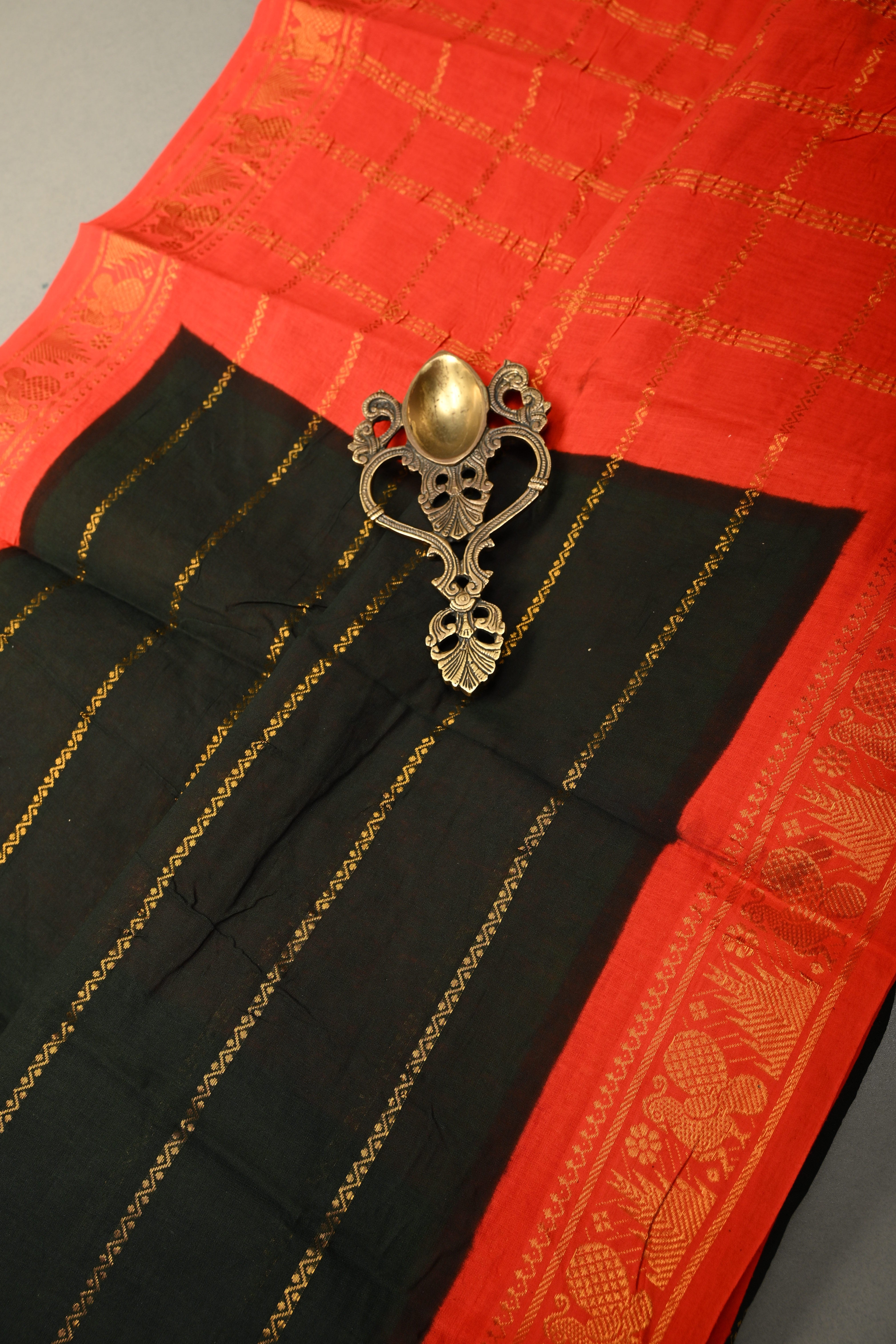 Dark Bottle Green Veldhari Zari Stripes Saree on Madurai Cotton With Contrast Zari Border | Shobitam