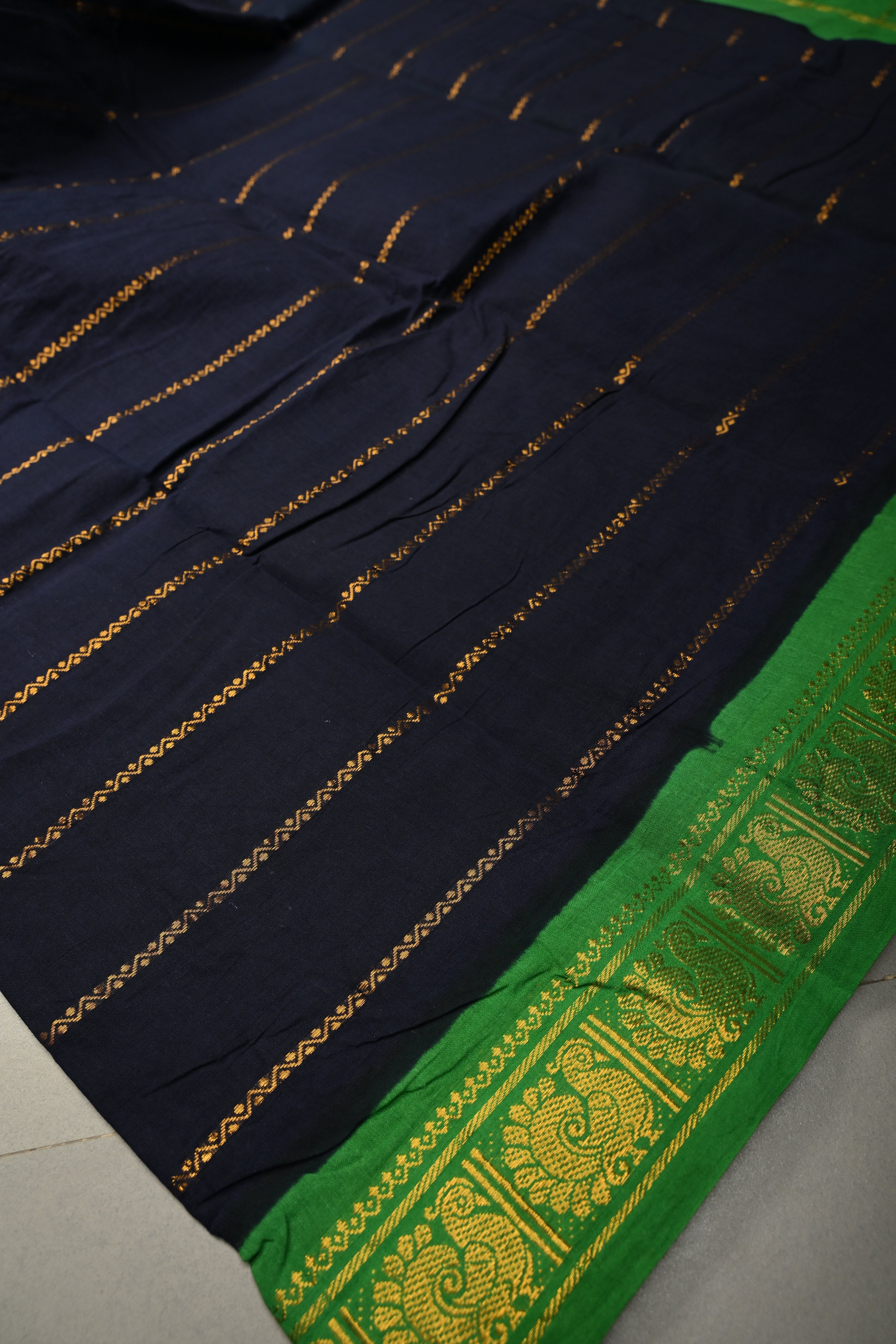 Dark Navy Blue Veldhari Zari Stripes Saree on Madurai Cotton With Contrast Zari Border | Shobitam