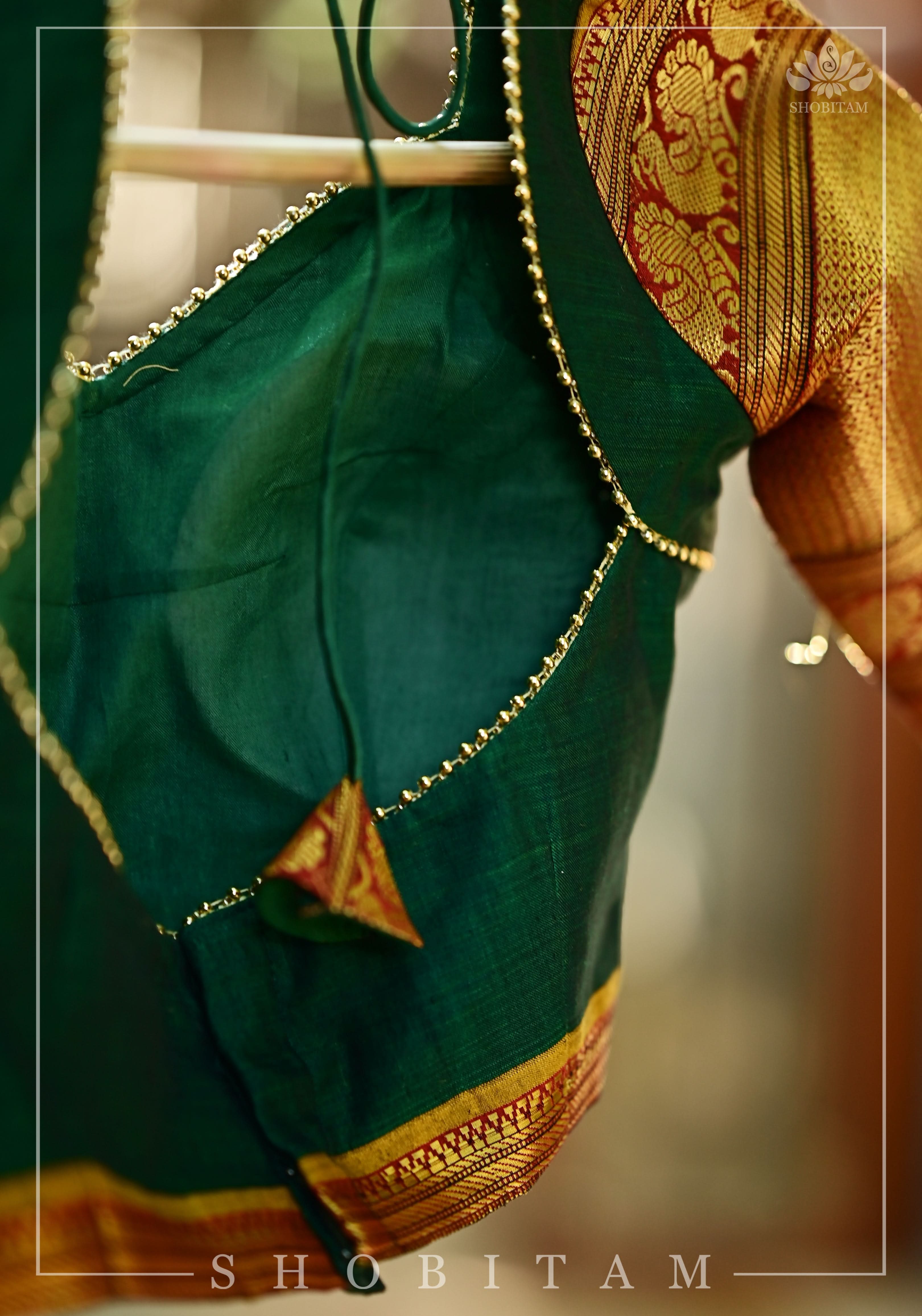 Emerald green narayanpet cotton sweet heart neck armband blouse | Shobitam