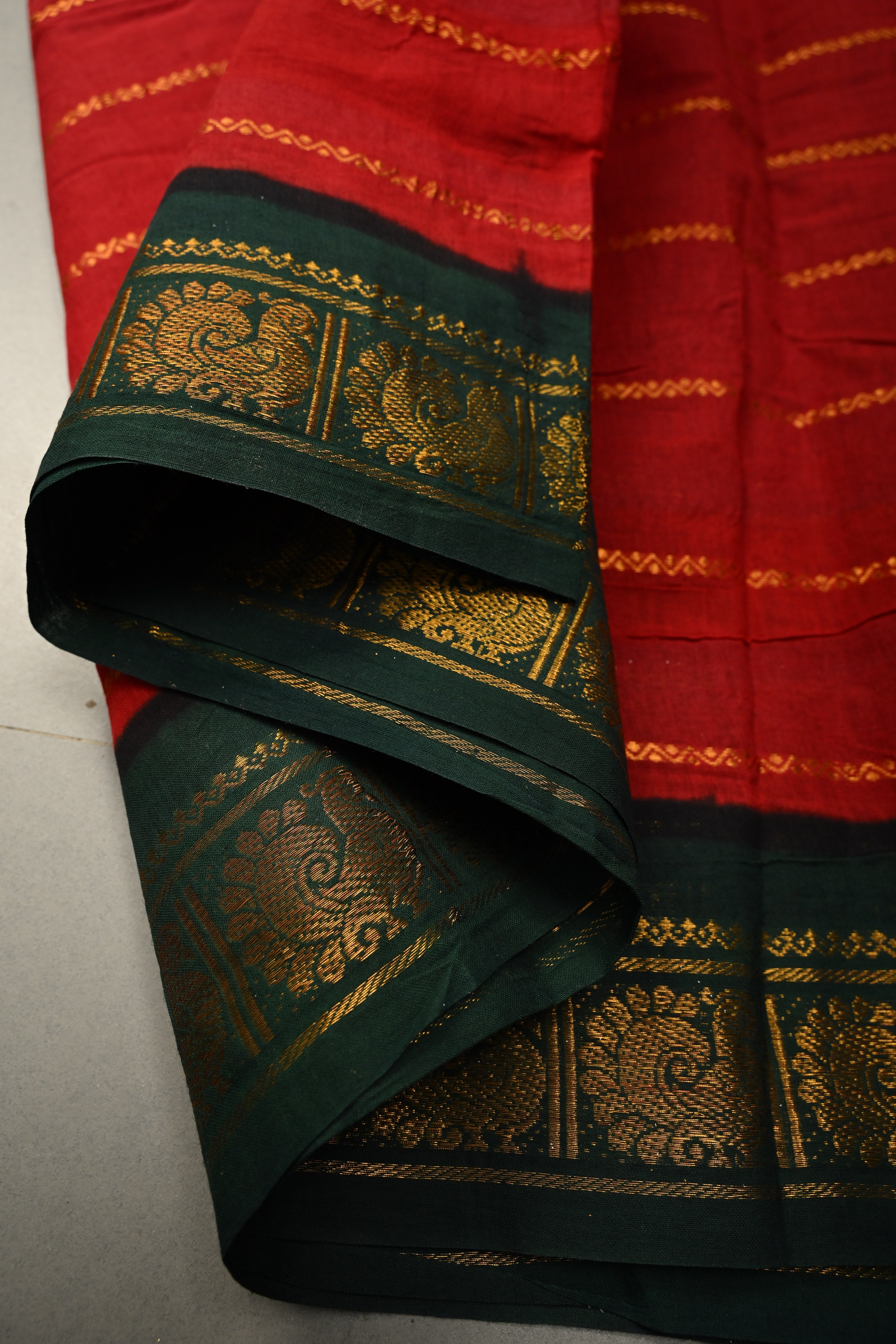 Carmine Red Pure Madurai Cotton Saree with Veldhari Zari Stripes and Contrast Zari Border | Shobitam
