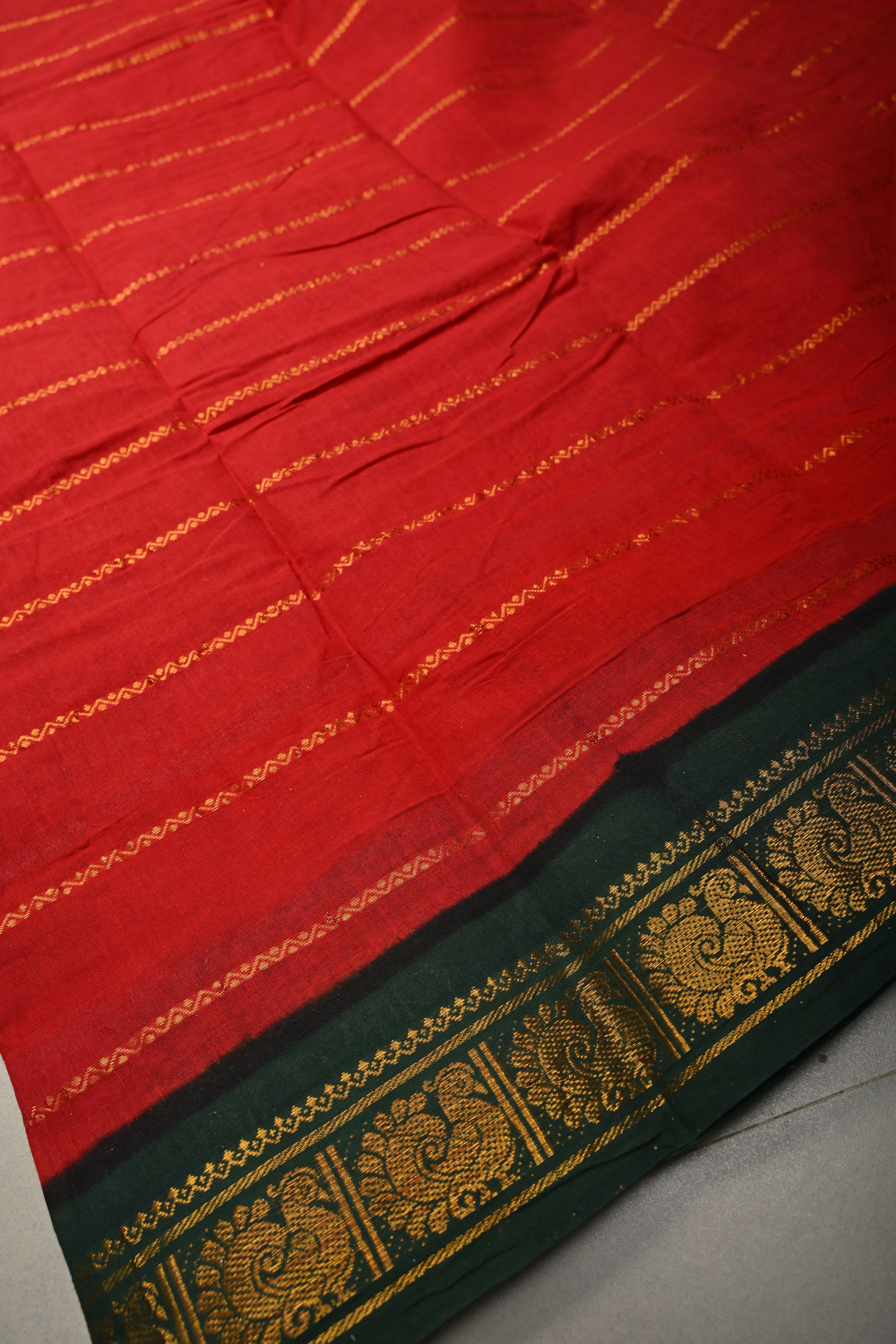 Carmine Red Pure Madurai Cotton Saree with Veldhari Zari Stripes and Contrast Zari Border | Shobitam