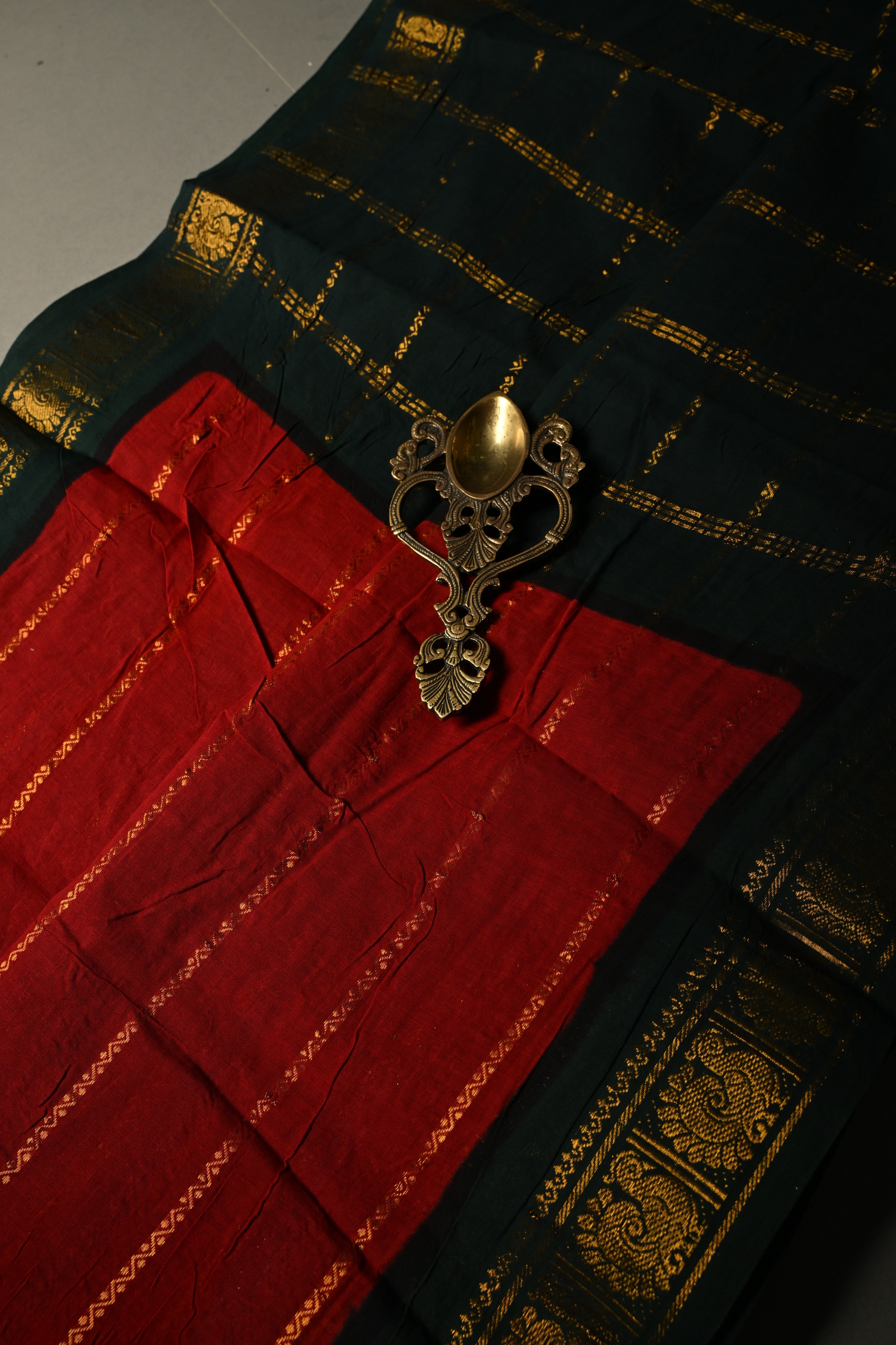 Carmine Red Pure Madurai Cotton Saree with Veldhari Zari Stripes and Contrast Zari Border | Shobitam