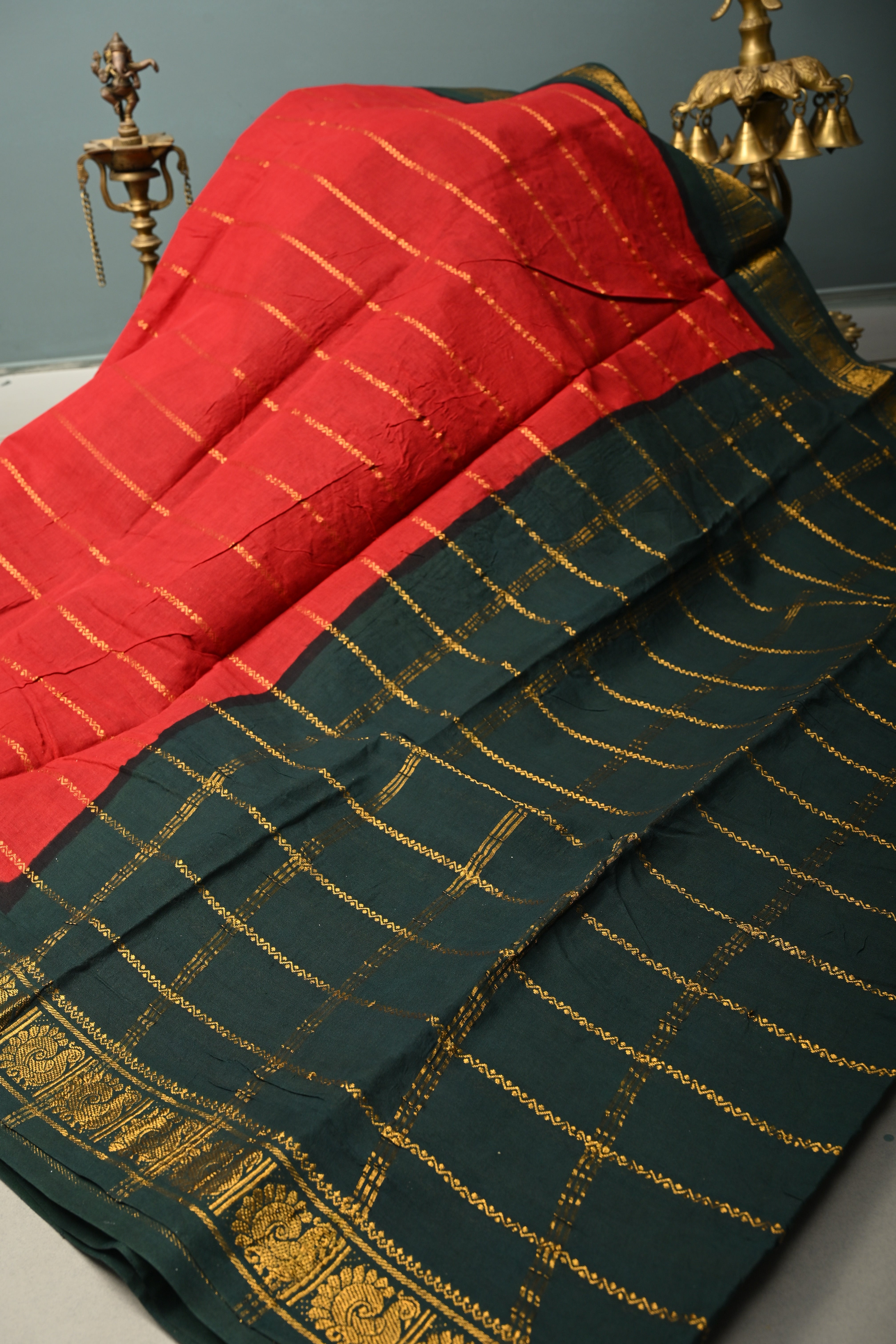 Carmine Red Pure Madurai Cotton Saree with Veldhari Zari Stripes and Contrast Zari Border | Shobitam