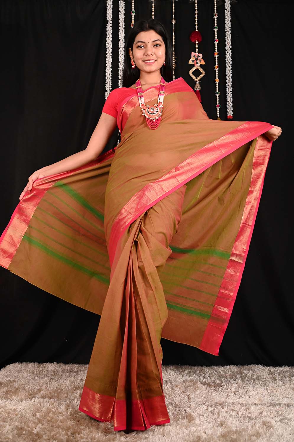 Theni Fine Kanjeevaram Cotton Dhoop Chaanv Temple border Wrap in 1 minute Saree with Chettinad Border - Isadora Life
