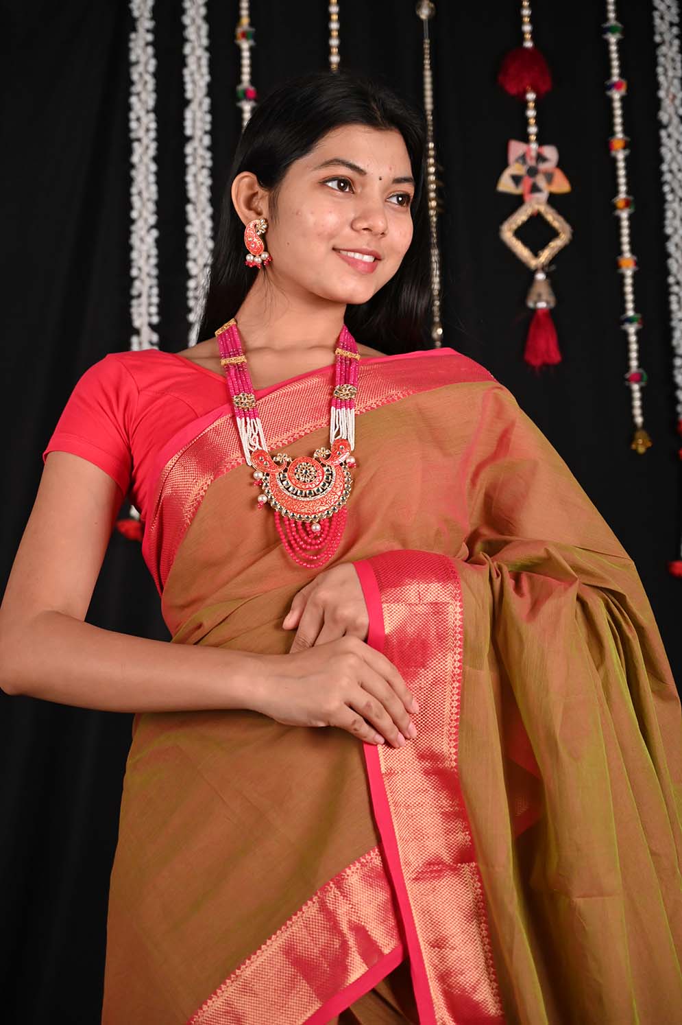 Theni Fine Kanjeevaram Cotton Dhoop Chaanv Temple border Wrap in 1 minute Saree with Chettinad Border - Isadora Life