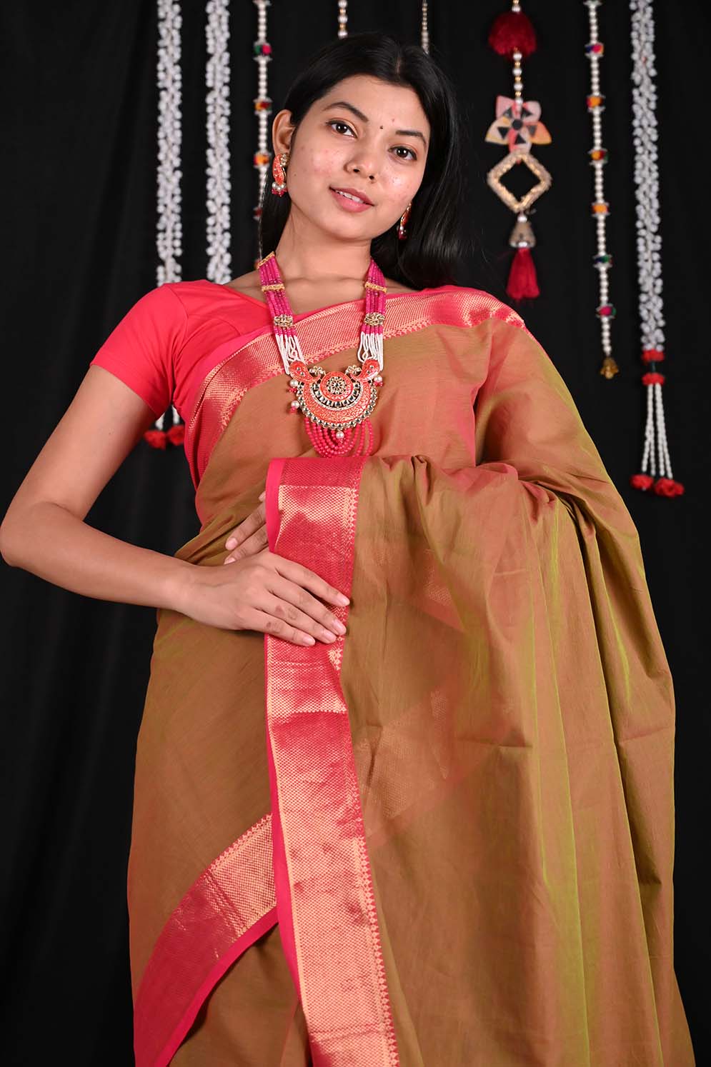 Theni Fine Kanjeevaram Cotton Dhoop Chaanv Temple border Wrap in 1 minute Saree with Chettinad Border - Isadora Life