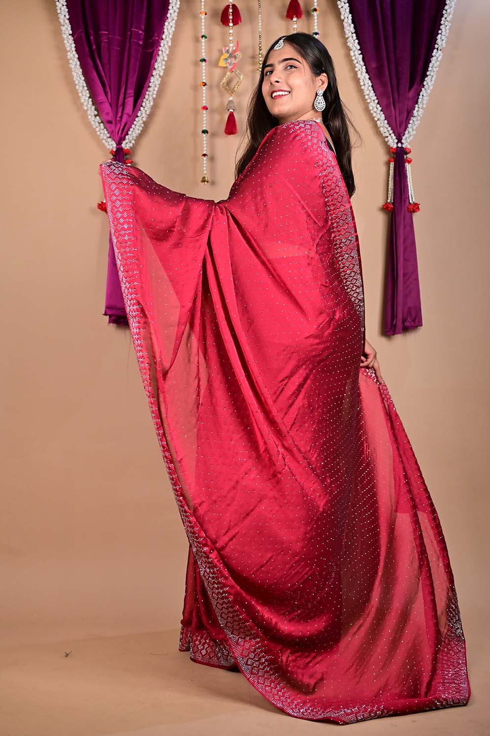 Alluring Soft Georgette Silk With Stone Sequence Bead Detailed Work All Over Magenta Mix Wrap in 1 minute saree - Isadora Life