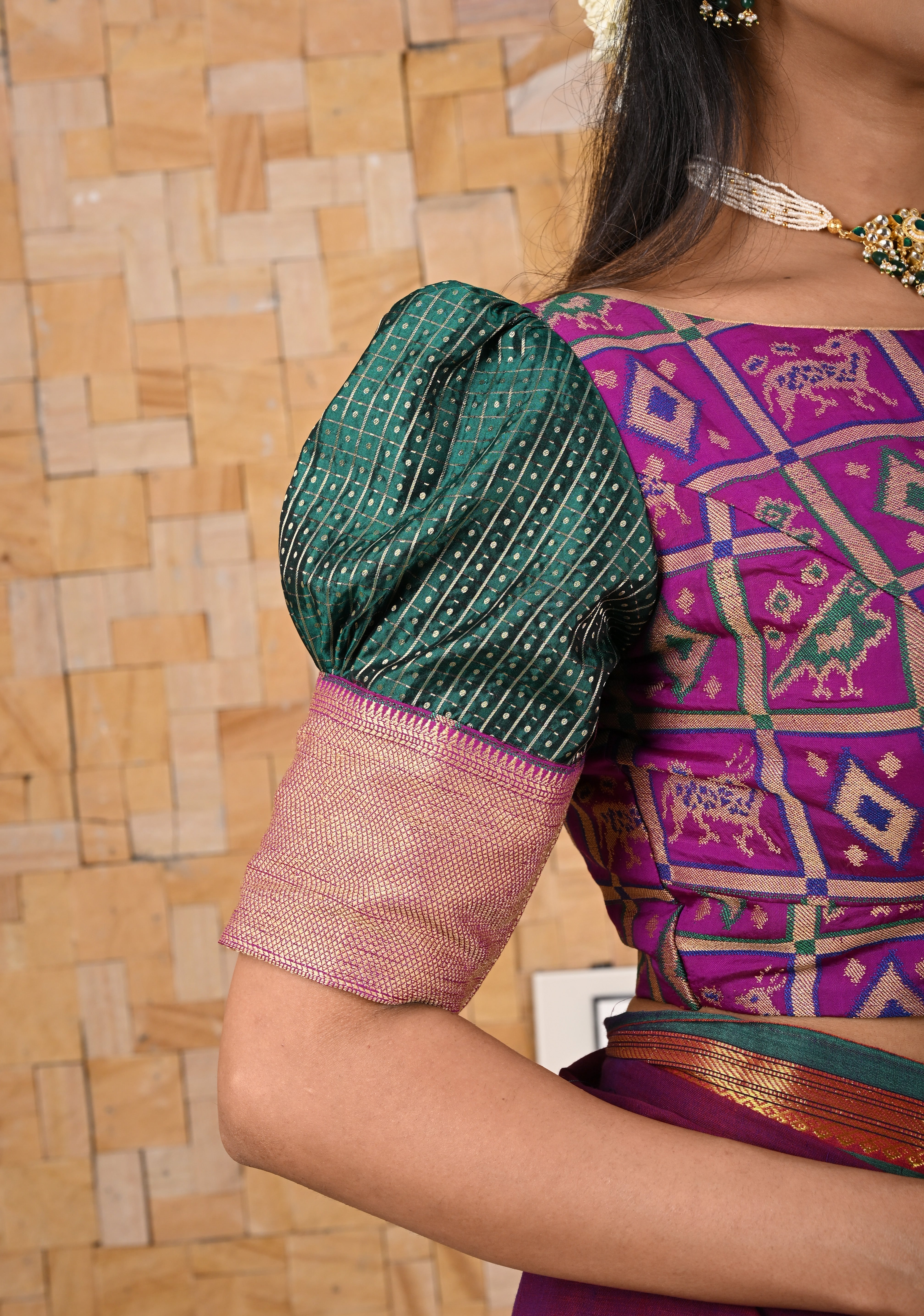 Green Purple Patola with Pure SIlk Kanjivaram zari checks Puff Sleeves Blouse, Made to Order, Customizable | Shobitam