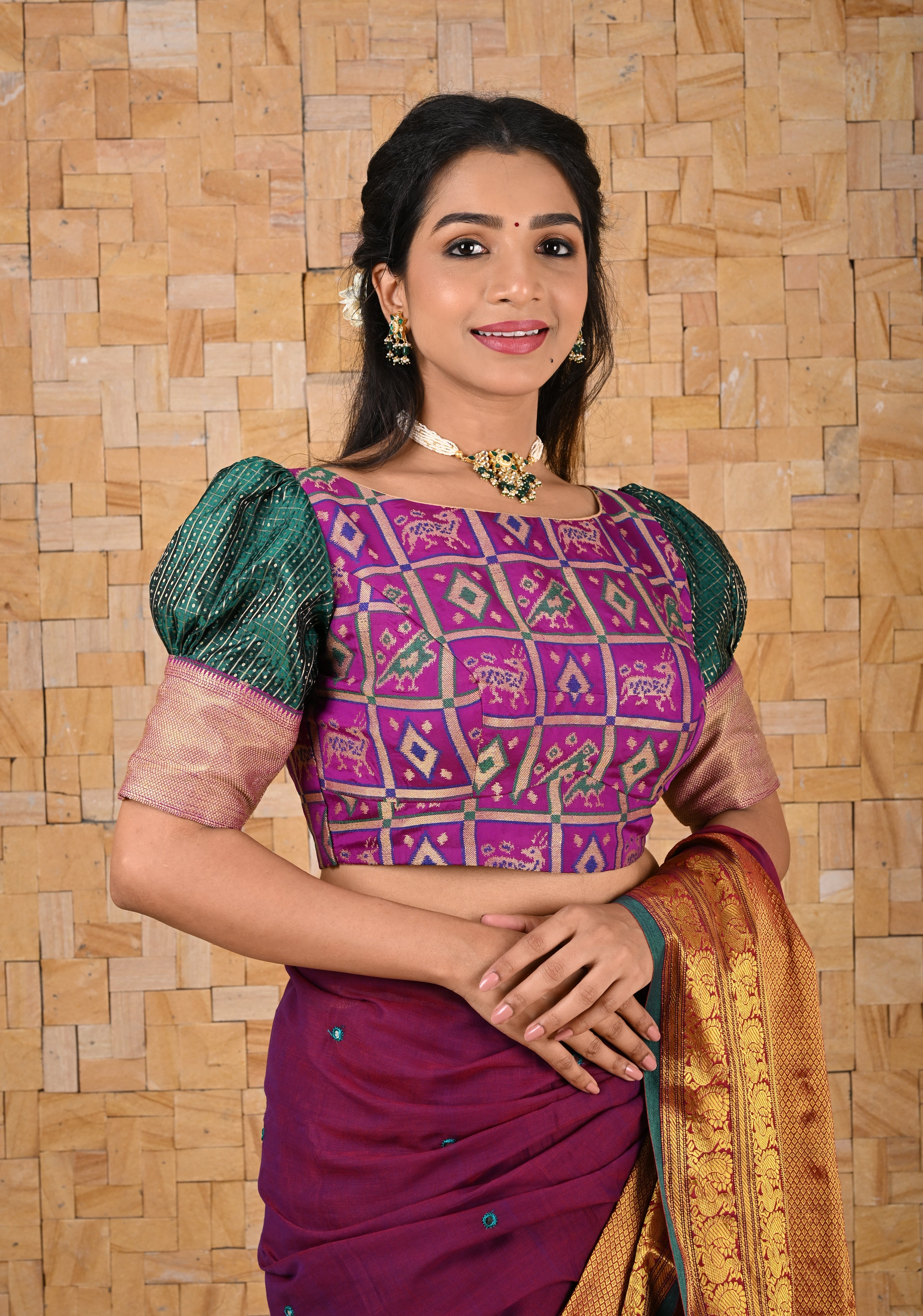 Green Purple Patola with Pure SIlk Kanjivaram zari checks Puff Sleeves Blouse, Made to Order, Customizable | Shobitam