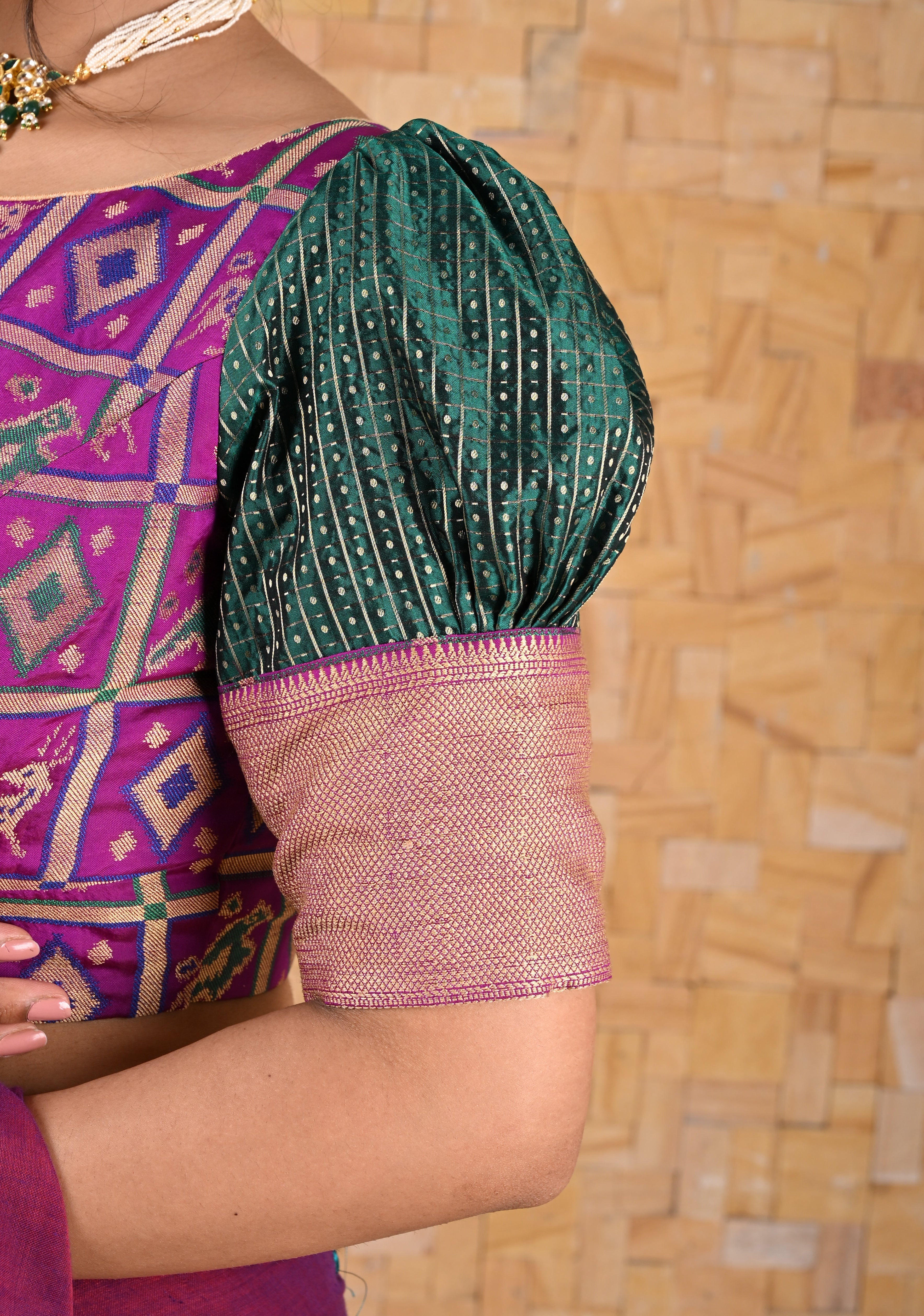 Green Purple Patola with Pure SIlk Kanjivaram zari checks Puff Sleeves Blouse, Made to Order, Customizable | Shobitam