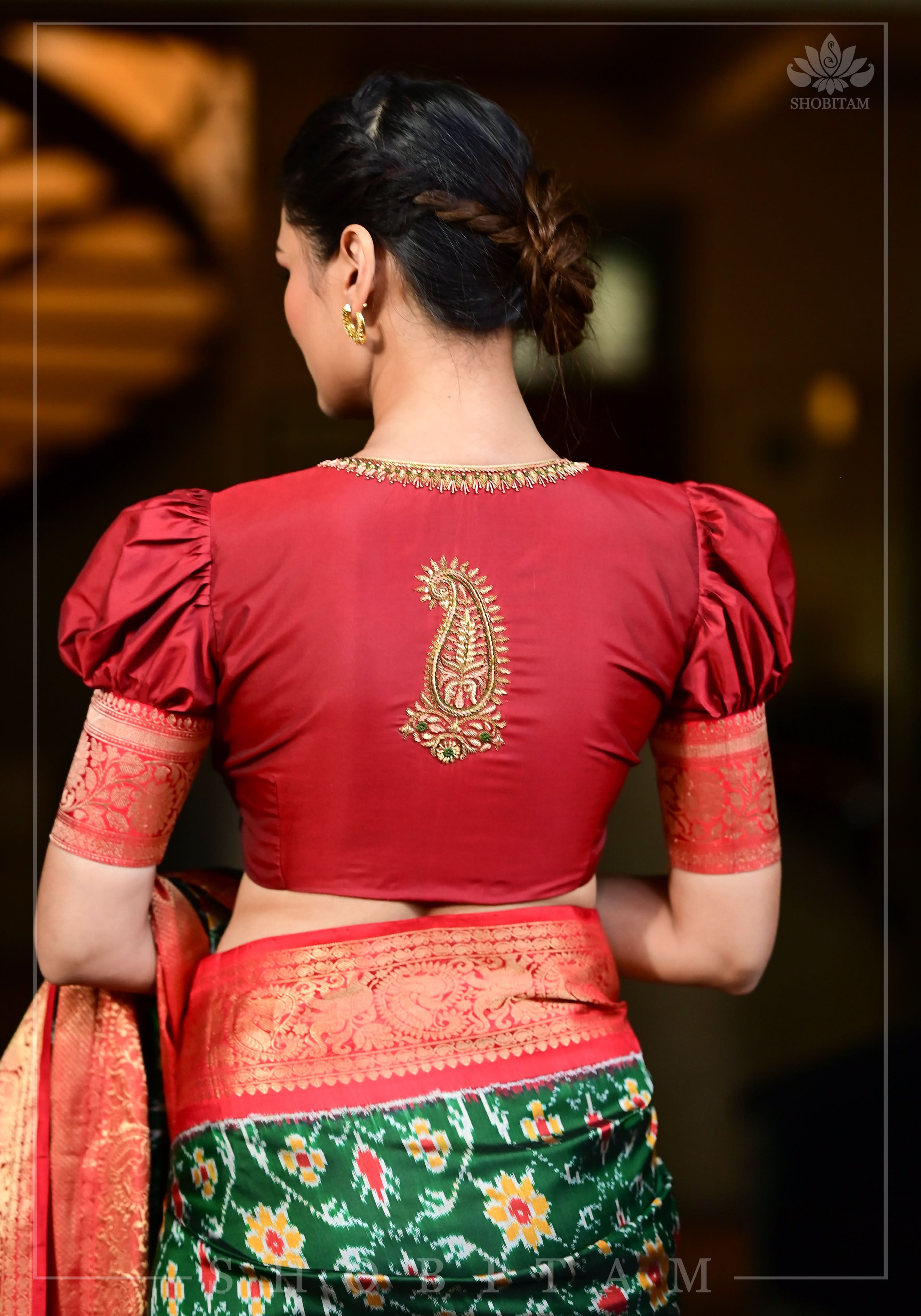 Maroon Blouse with Keyhole Neck, Zardosi work and Puff Sleeves with Zari Detailing | Shobitam