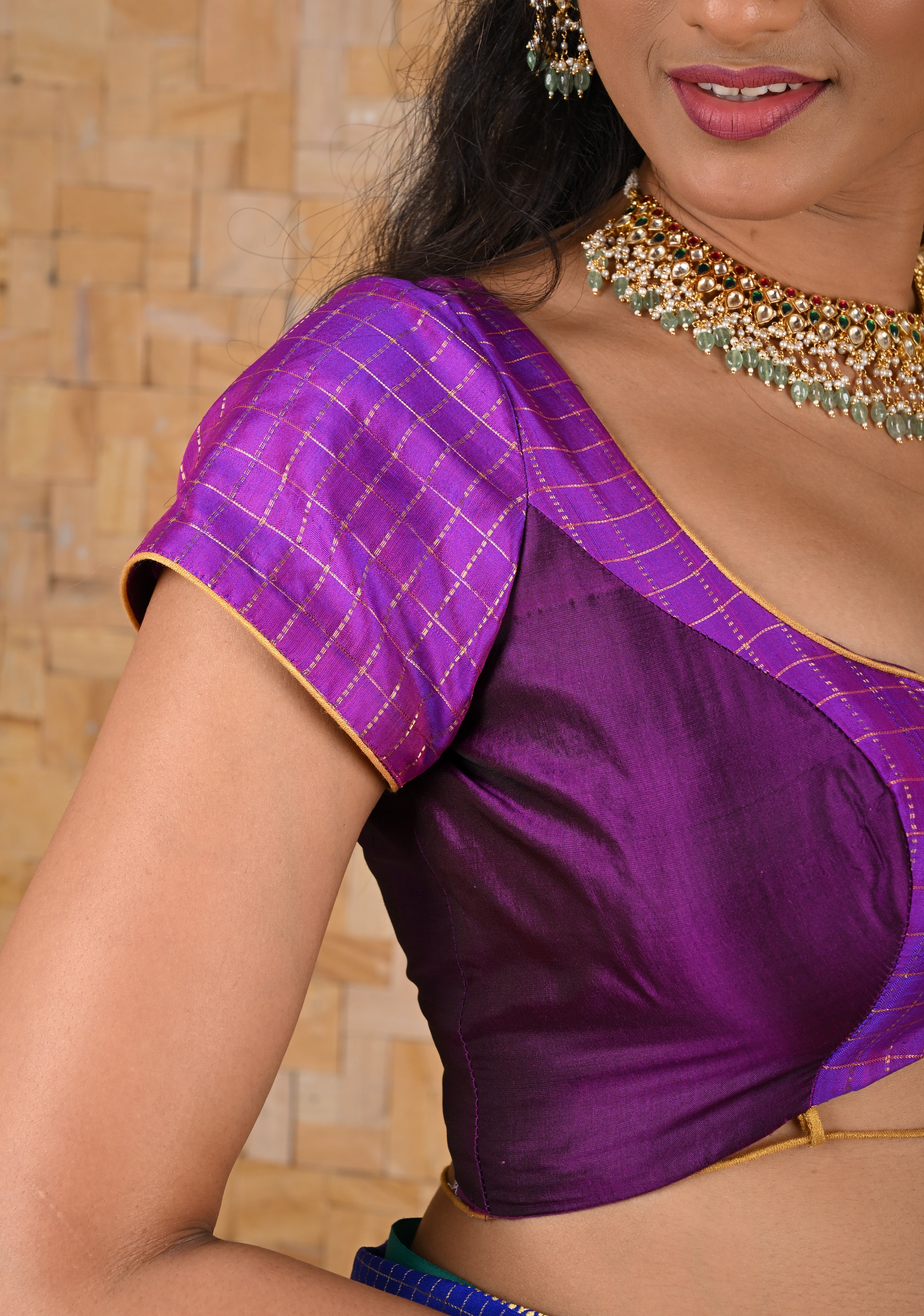 Purple Pure Silk Solid and Zari Checks Curved Tie Back Blouse, Made to Order, Customizable | Shobitam