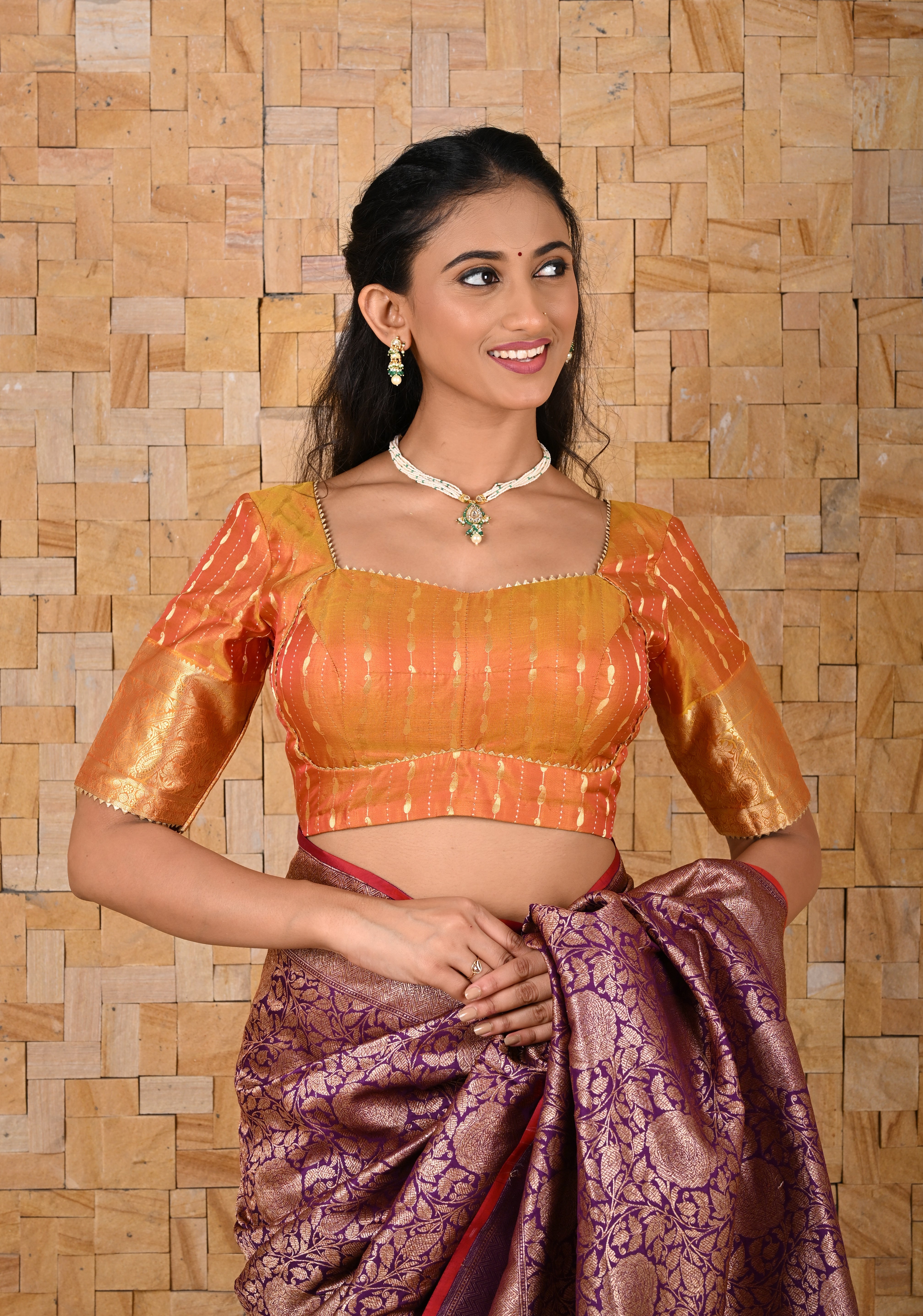 Mustard Dual Tone, Choli Cut Blouse with Zari and Gotta detailing, Made to Order, Customizable | Shobitam