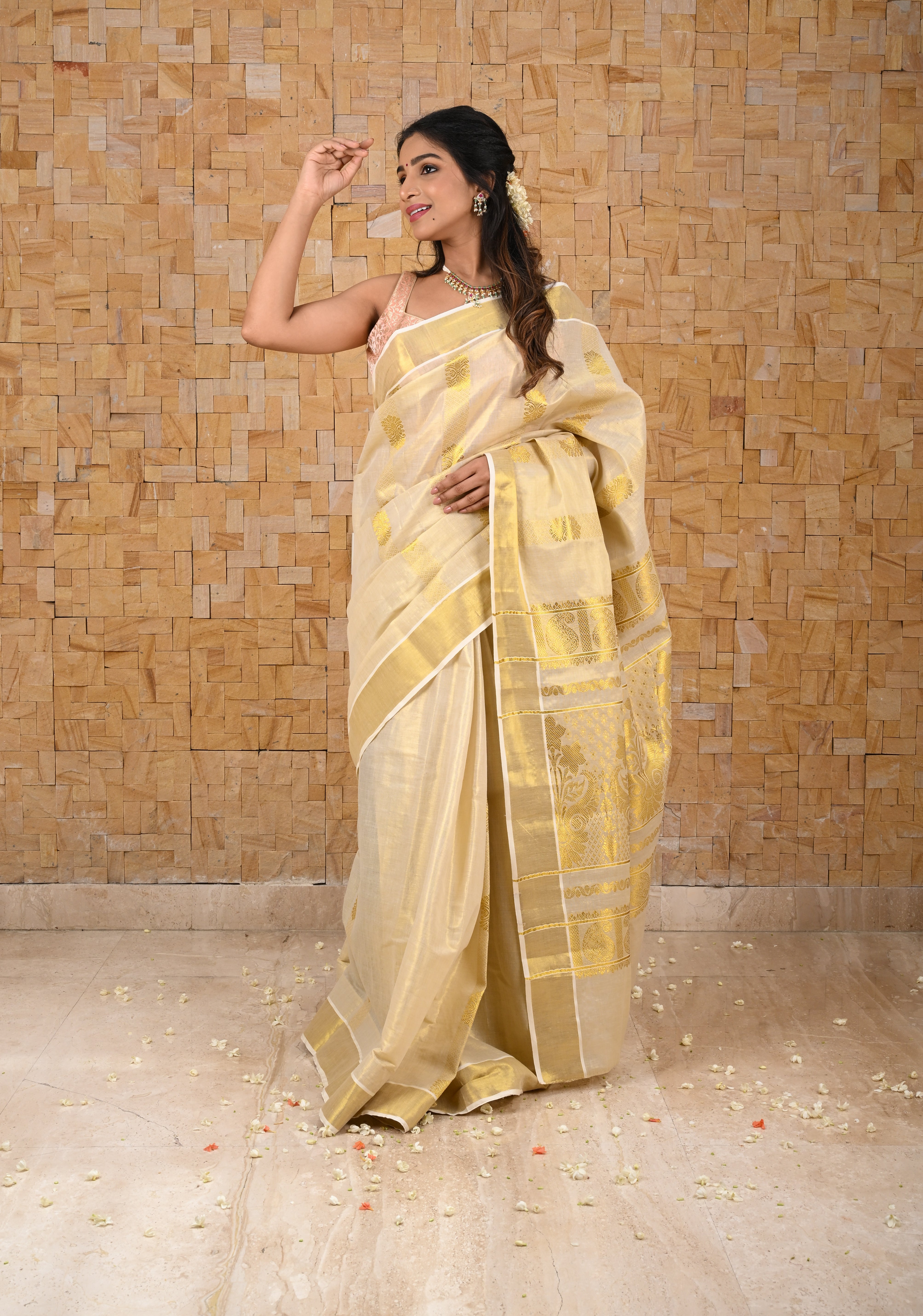 Beige Tissue Cotton Saree with Panel Zari Stripes | Shobitam