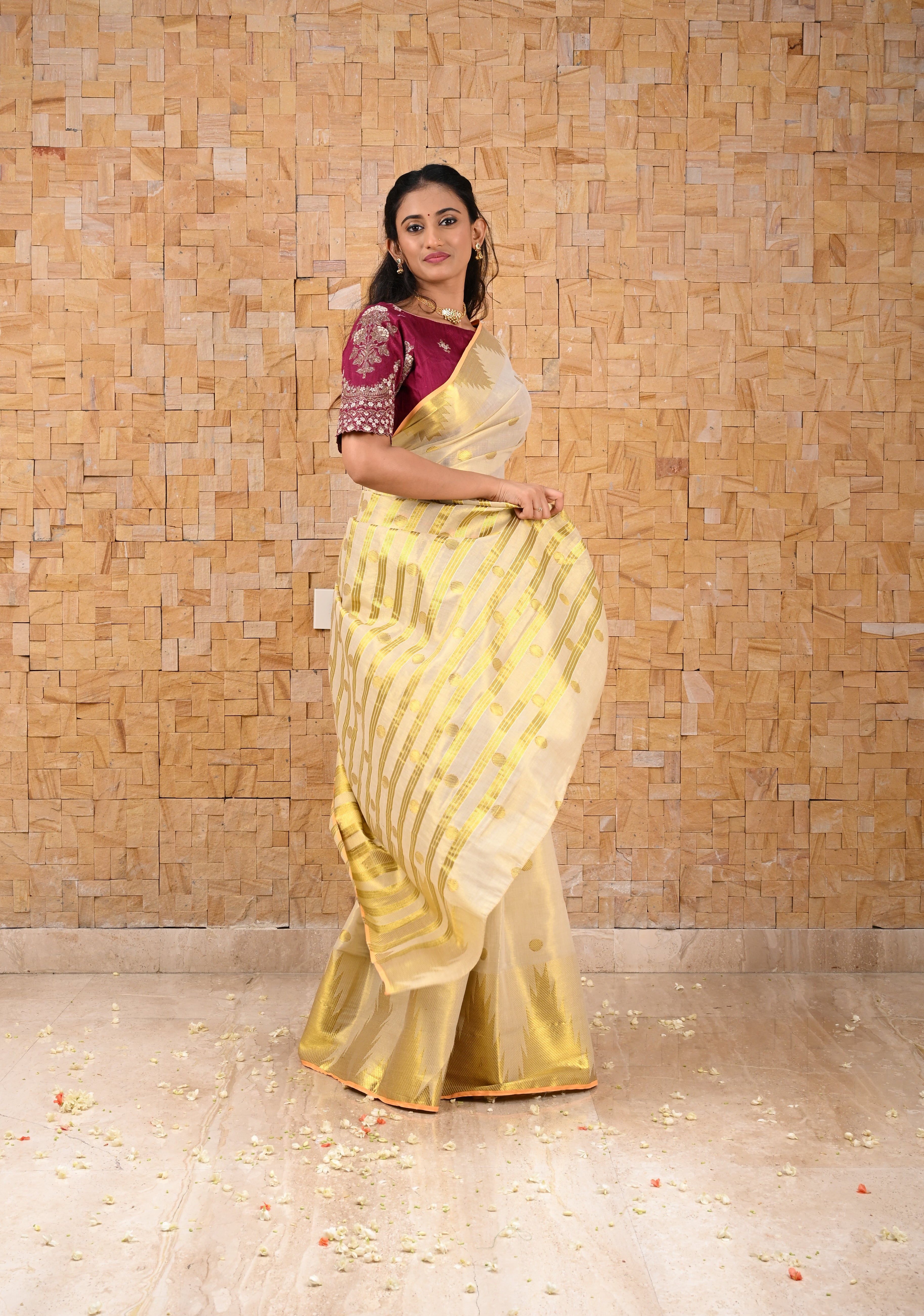 Beige Tissue Cotton Saree with Zari Coin Buttis And Temple Border | Shobitam