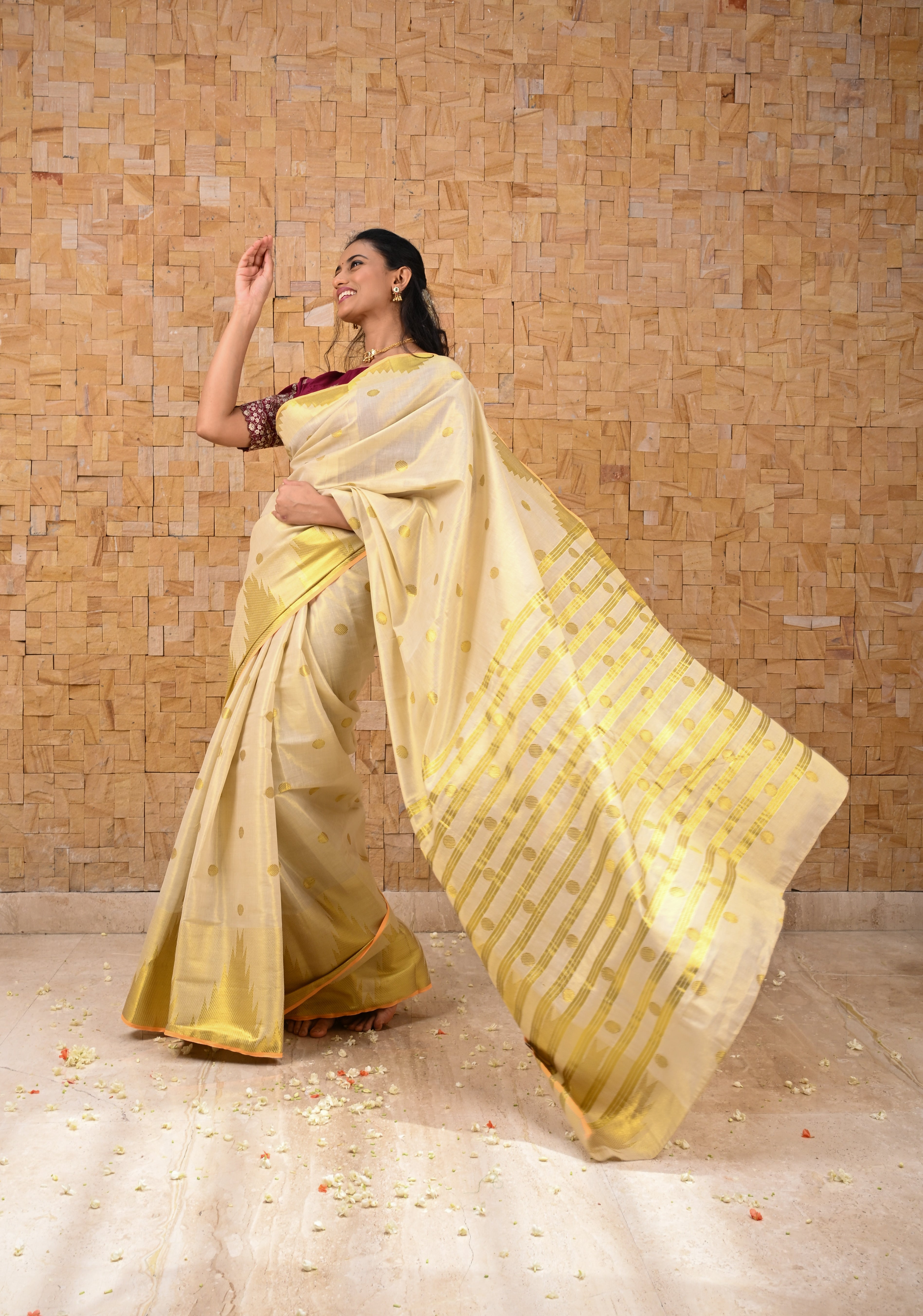 Beige Tissue Cotton Saree with Zari Coin Buttis And Temple Border | Shobitam