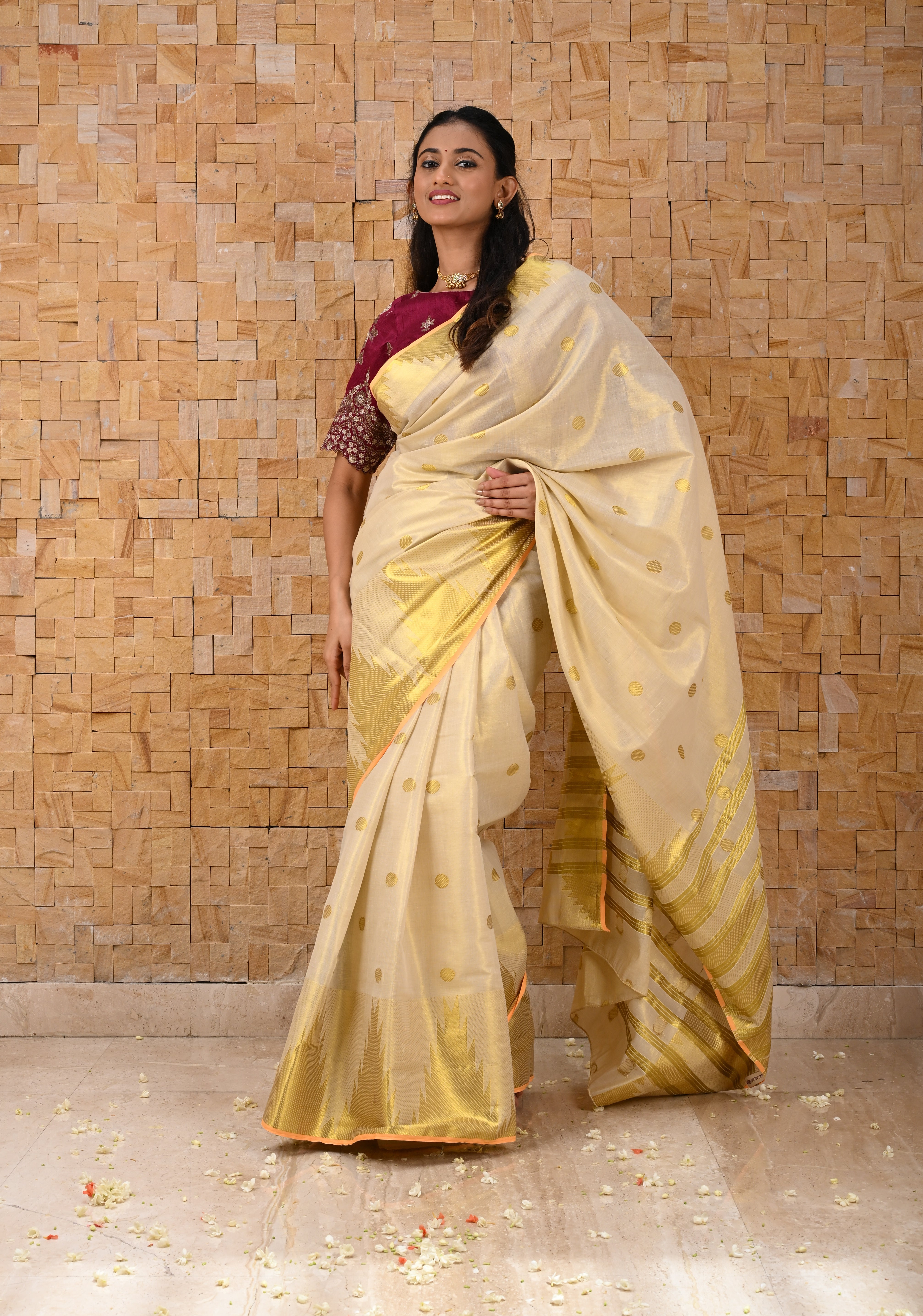 Beige Tissue Cotton Saree with Zari Coin Buttis And Temple Border | Shobitam