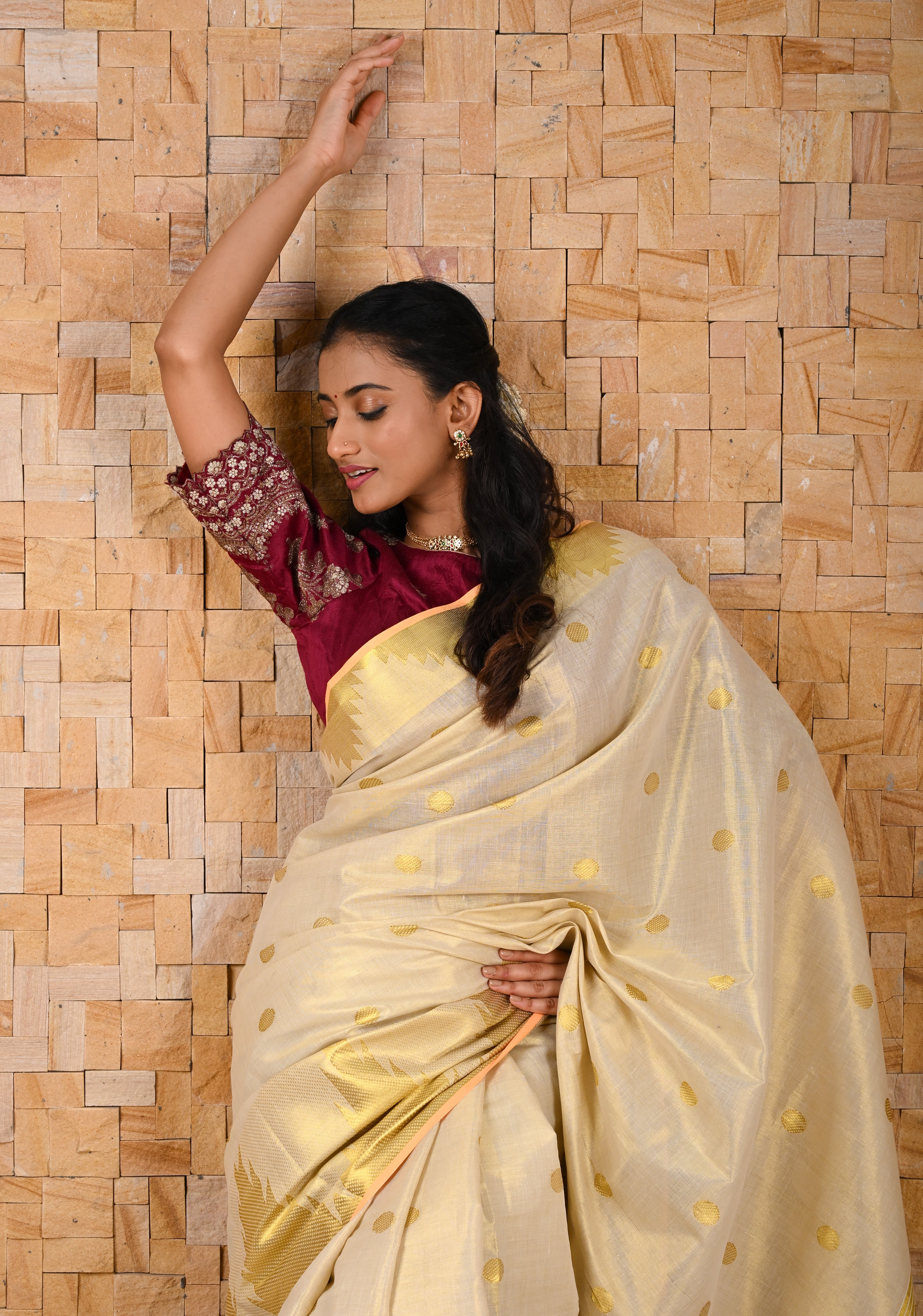 Beige Tissue Cotton Saree with Zari Coin Buttis And Temple Border | Shobitam