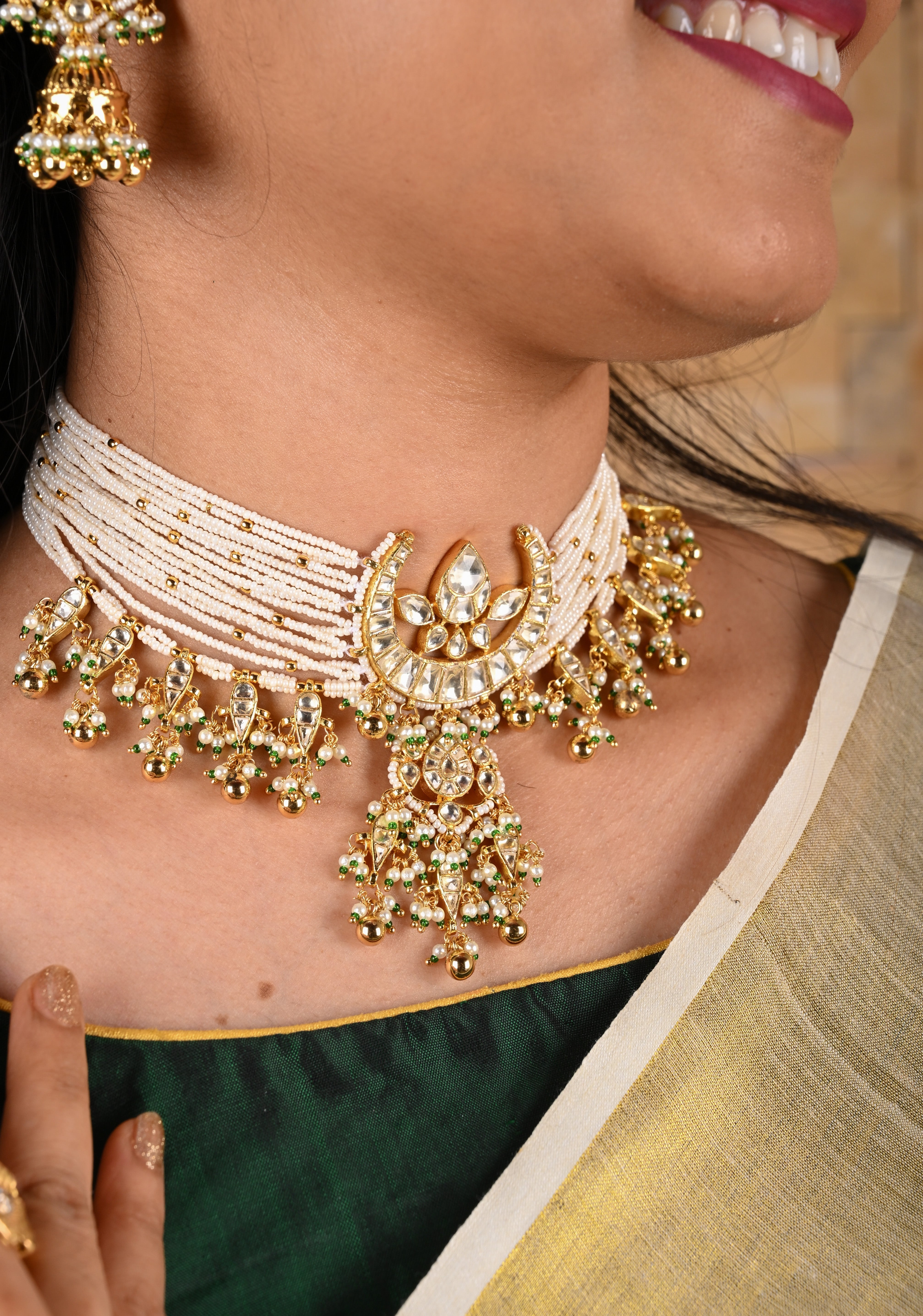 Ahmedabadi kundan multistrand necklace set with Chand Pendant | Shobitam