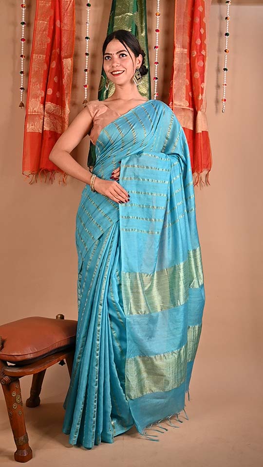 Ready To Wear Blue Premium Bhagalpuri Cotton Silk with woven zari embedded With Ornate Pallu Wrap in 1 minute saree - Isadora Life