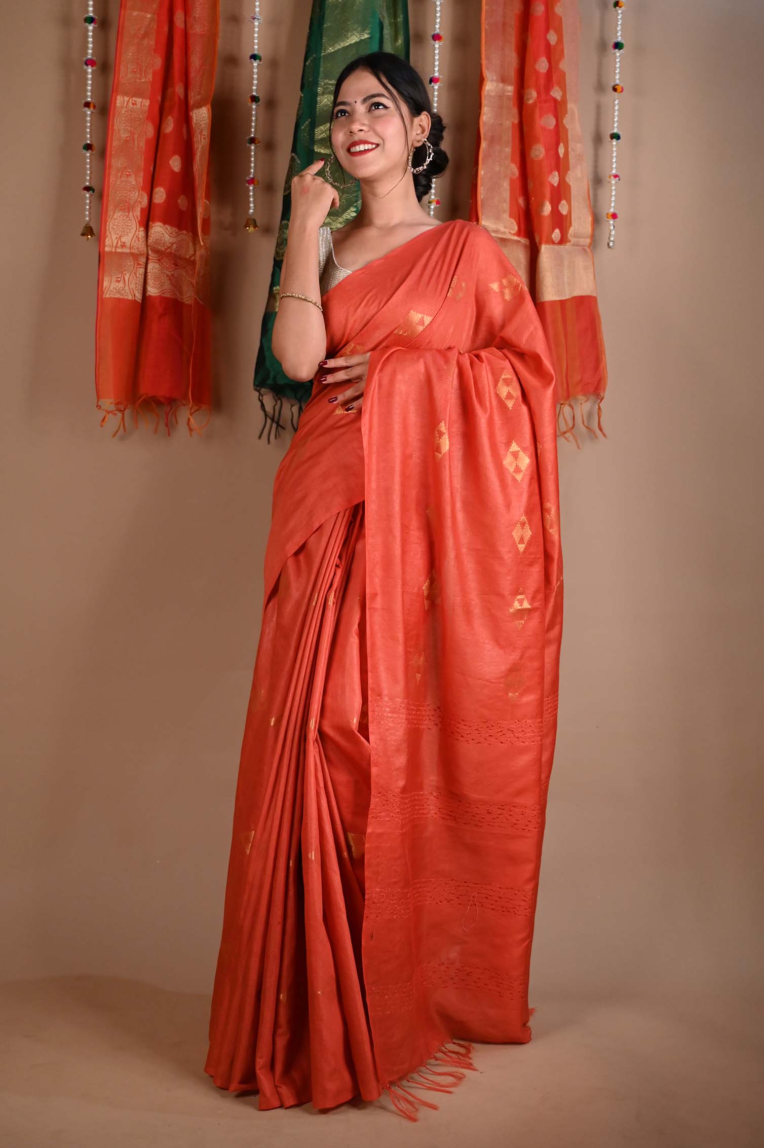 Ready To Wear Semi Linen Slub Gajari Zari interwoven butis and ornate pallu Wrap in 1 minute saree - Isadora Life