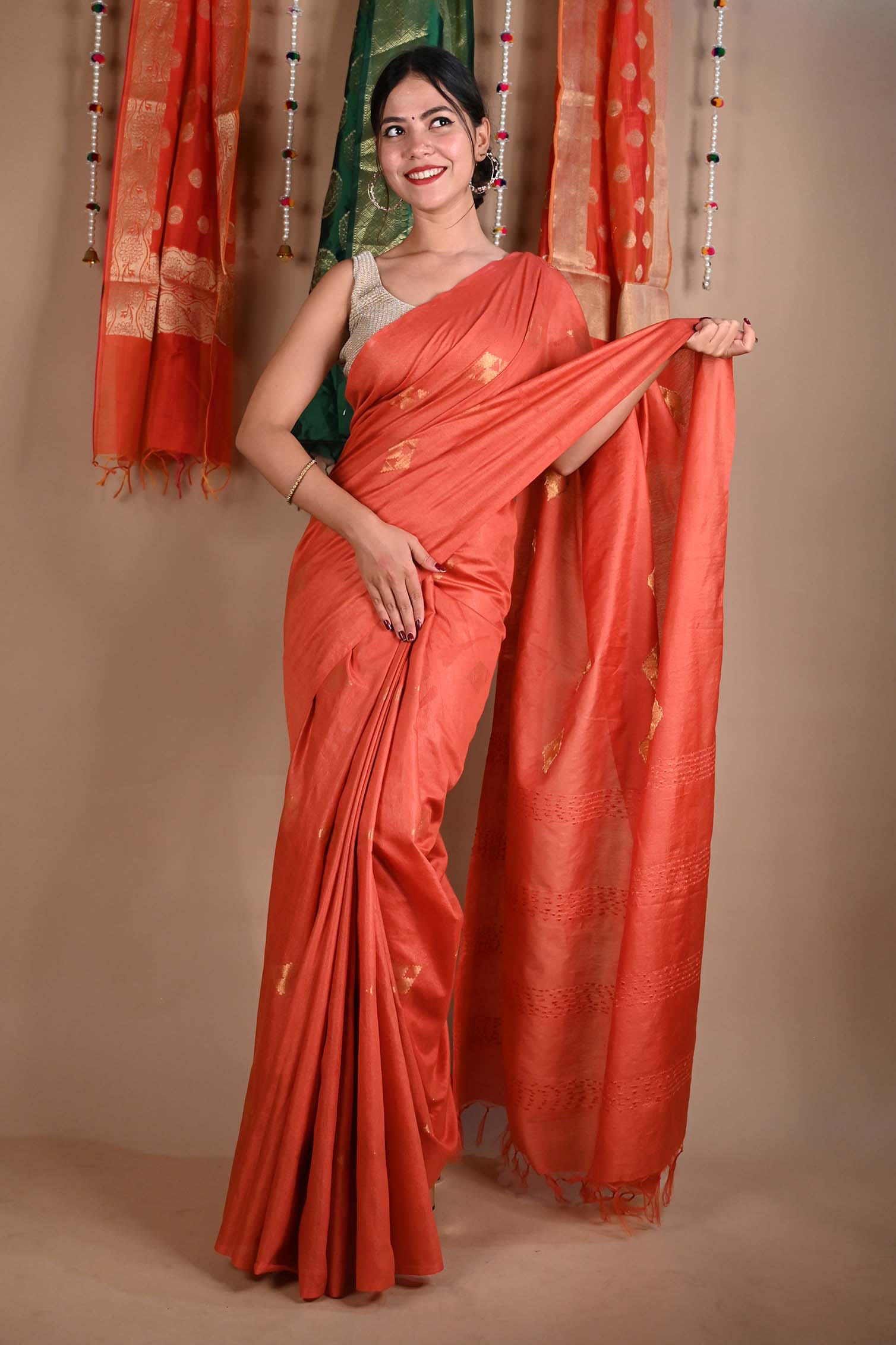 Ready To Wear Semi Linen Slub Gajari Zari interwoven butis and ornate pallu Wrap in 1 minute saree - Isadora Life