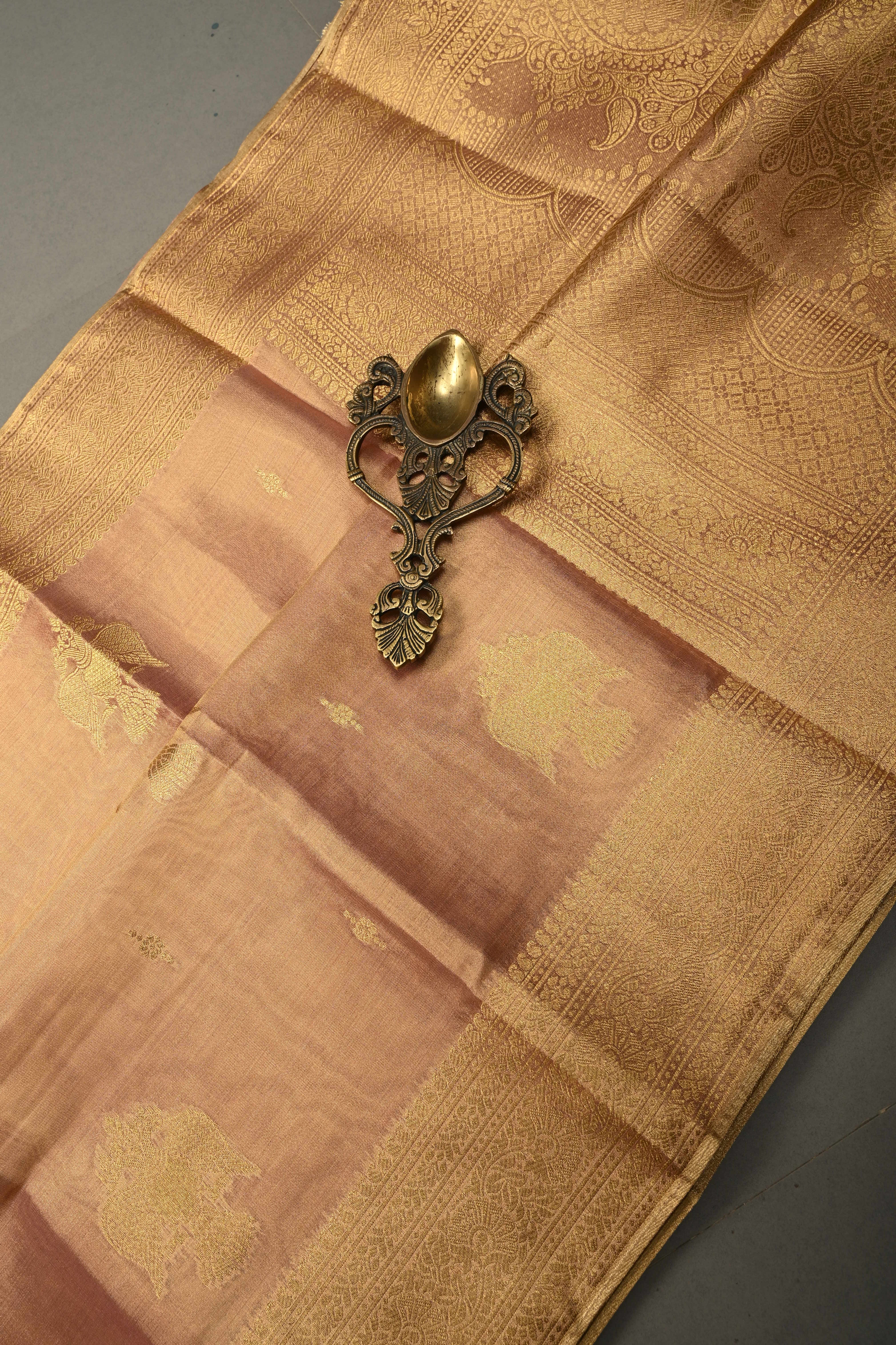 Dusty Pink-Gold Kanchi Tissue Semi Silk Saree with Gandaberunda Zari Buttas and Zari Border | Shobitam