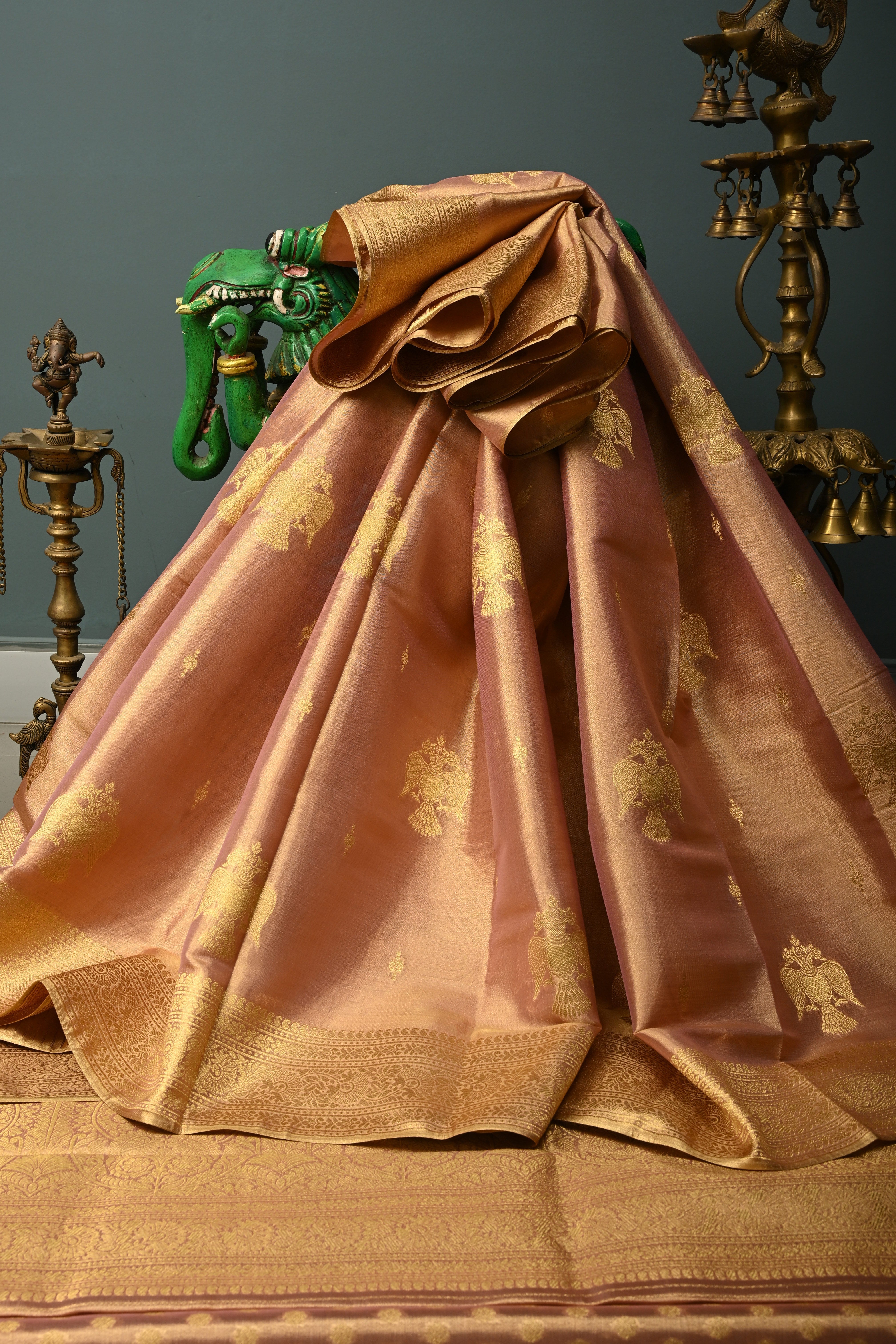 Dusty Pink-Gold Kanchi Tissue Semi Silk Saree with Gandaberunda Zari Buttas and Zari Border | Shobitam