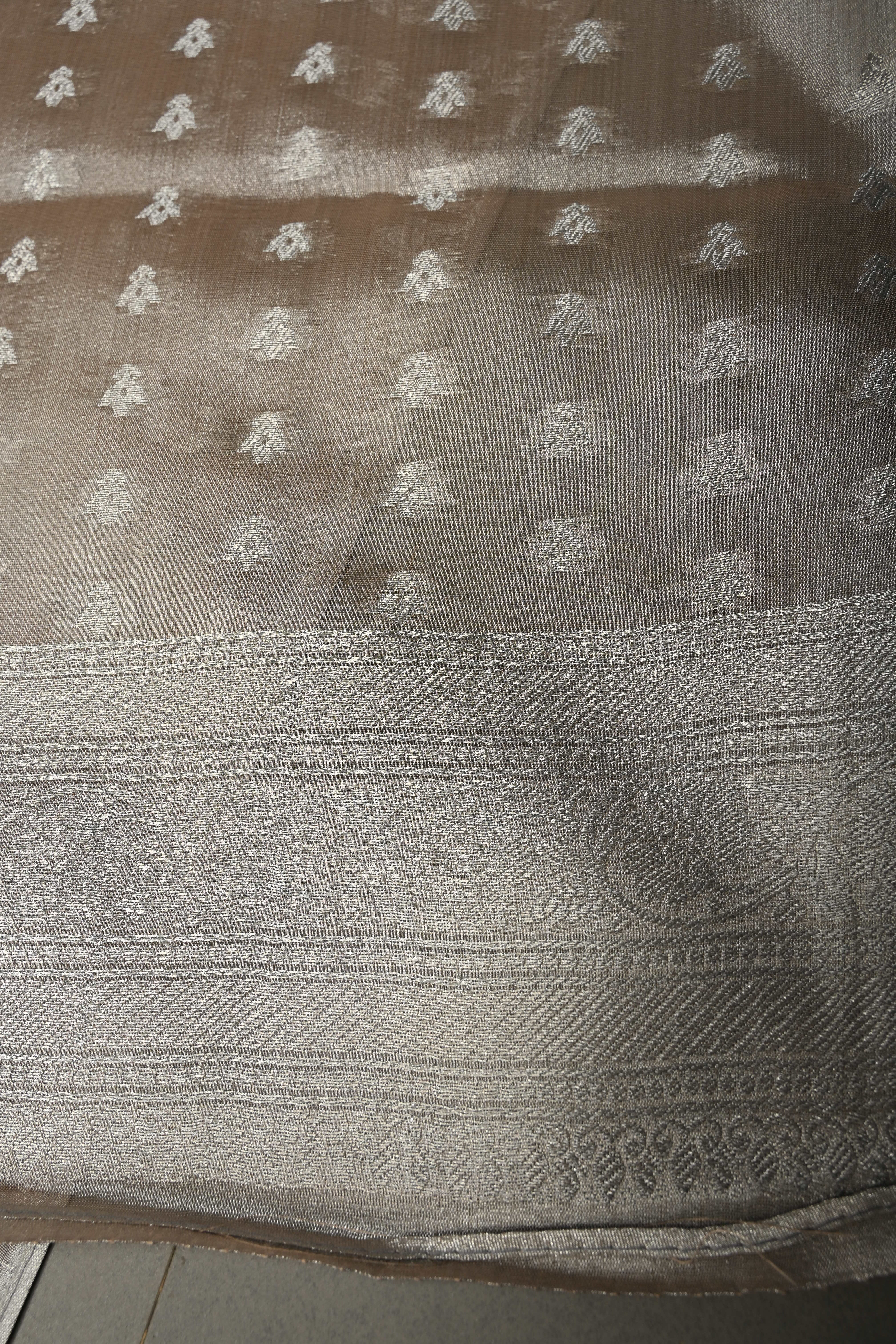Taupe-Silver Kanchi Tissue Semi Silk Saree with Parrot Zari Buttas and Zari Border | Shobitam