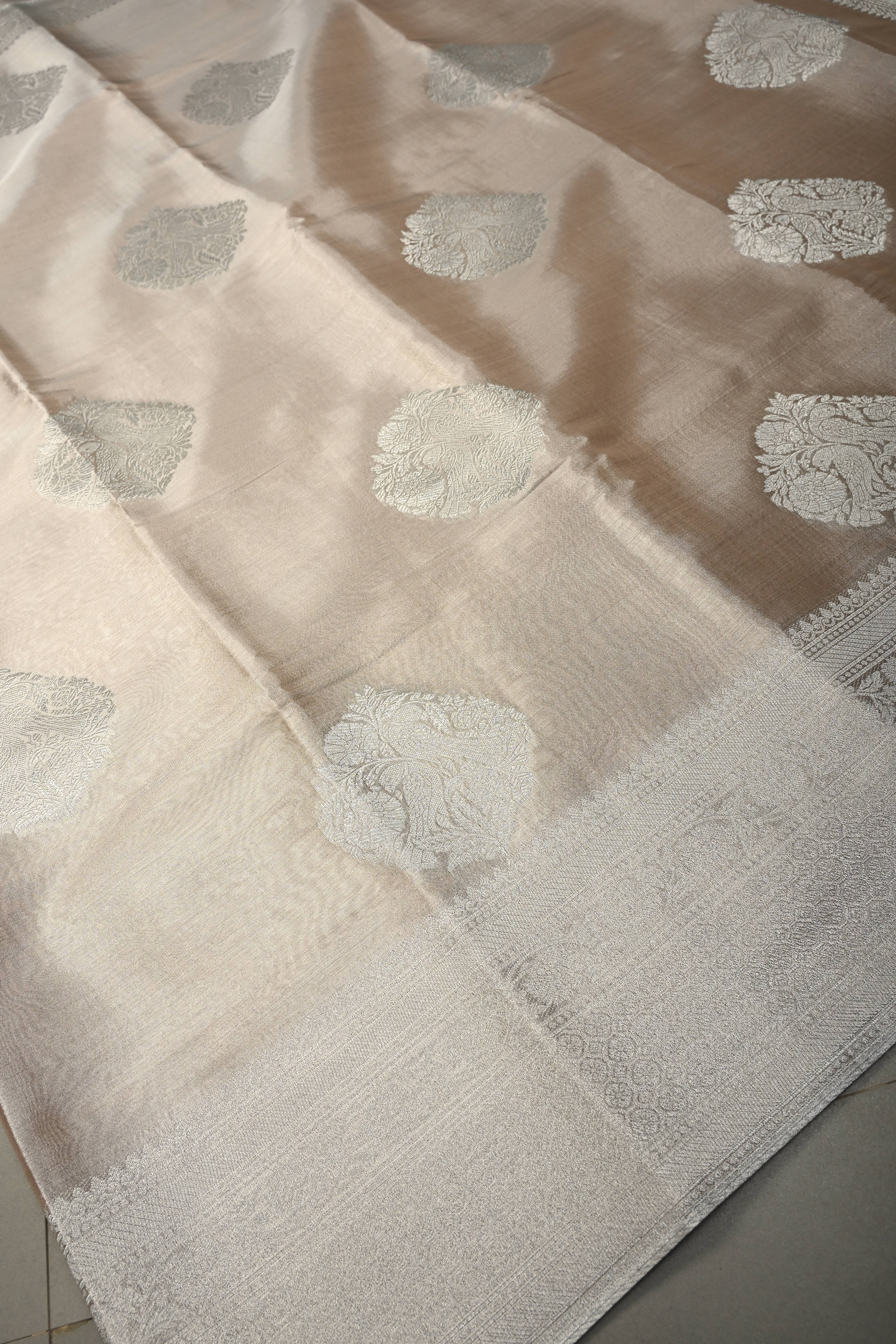 Taupe-Silver Kanchi Tissue Semi Silk Saree with Parrot Zari Buttas and Zari Border | Shobitam