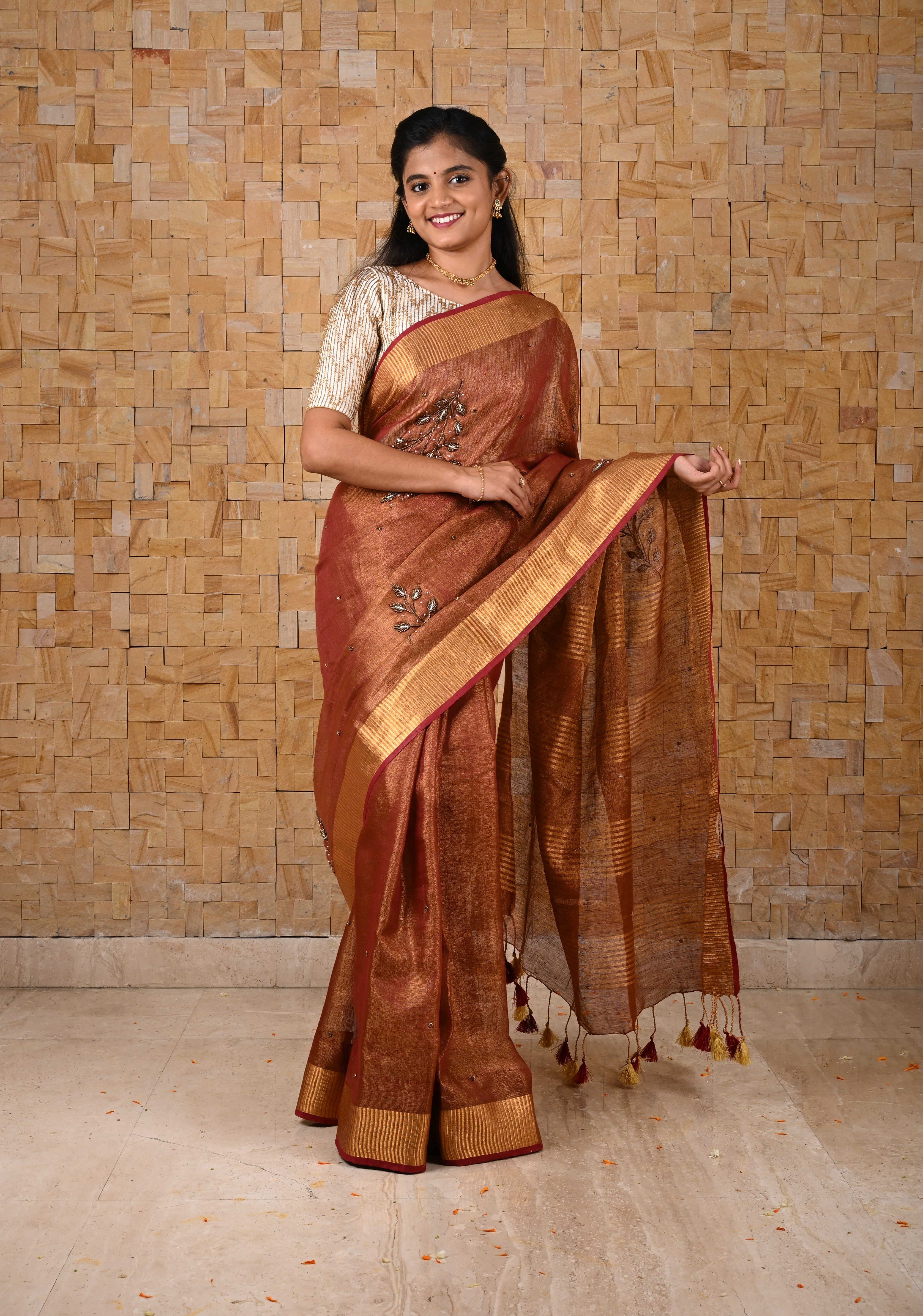 Golden Tissue Linen Saree in Reddish-Brown with Bead Embellishments | Shobitam